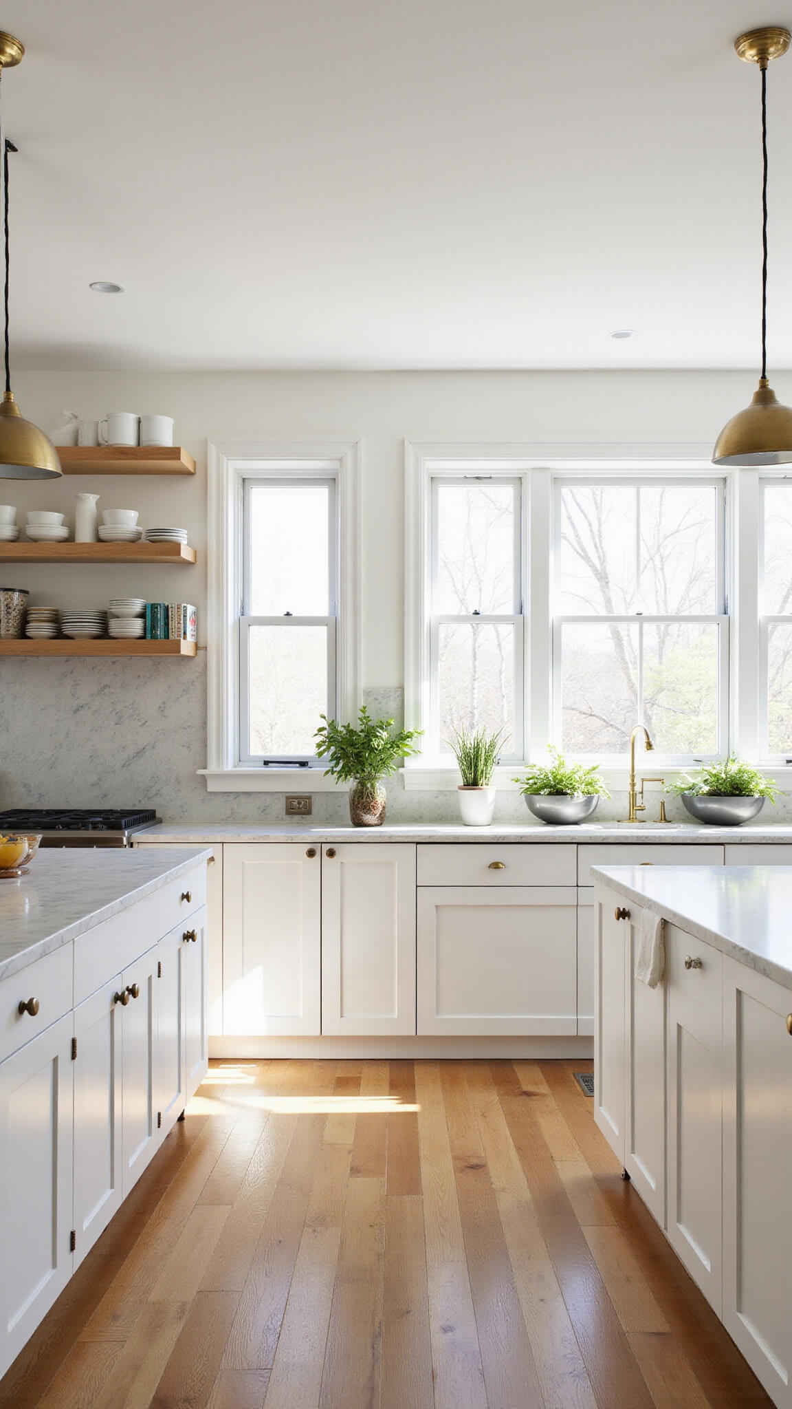 Bright white kitchen with oak floors, marble island, brass lights, and large windows letting in soft morning light.