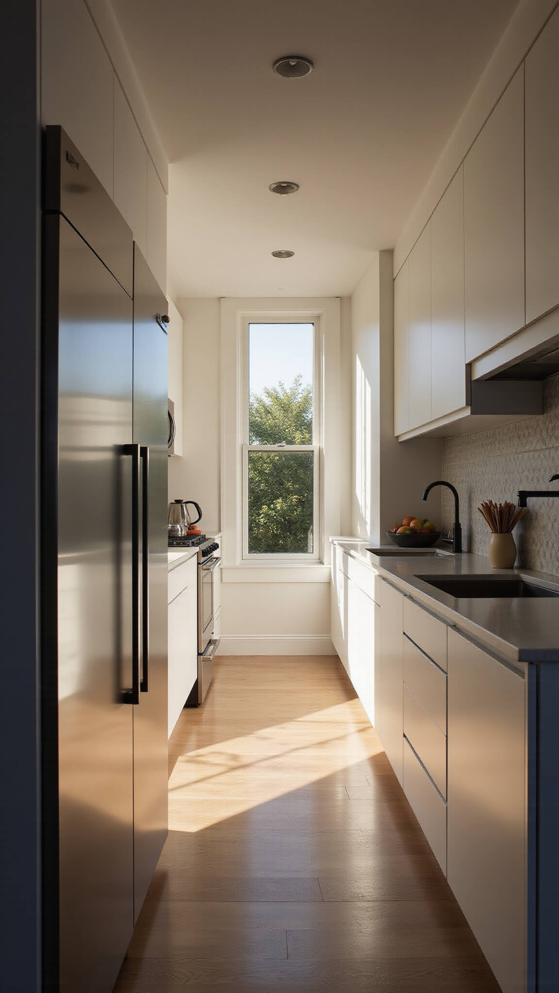 Glossy white galley kitchen at golden hour with stainless steel appliances, black hardware, and soft gray geometric backsplash.