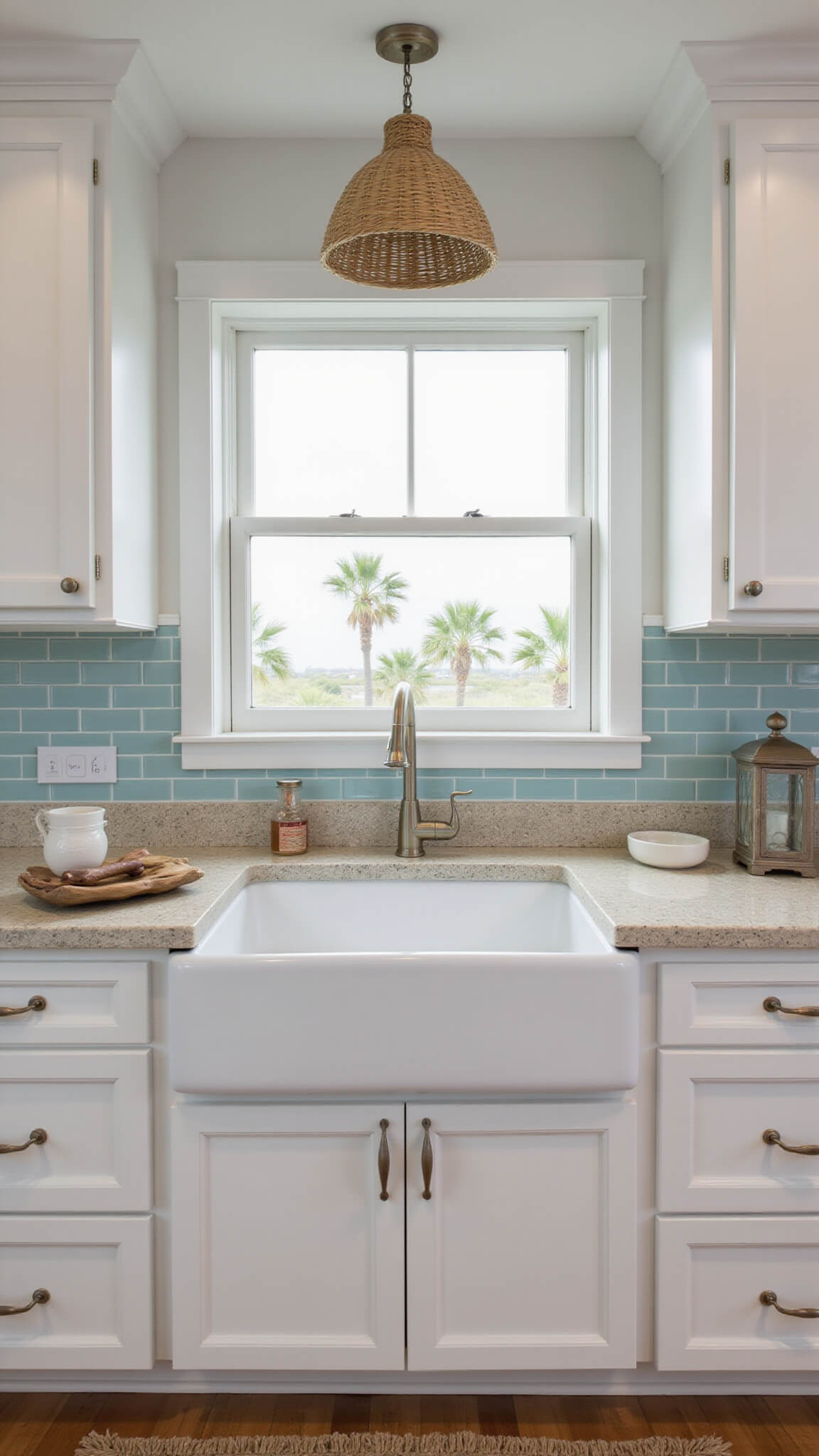 Coastal-style kitchen with white shiplap cabinets, sandy quartz counters, pale blue tile backsplash, rattan lights, driftwood decor, and a window view of palm trees over a farmhouse sink.