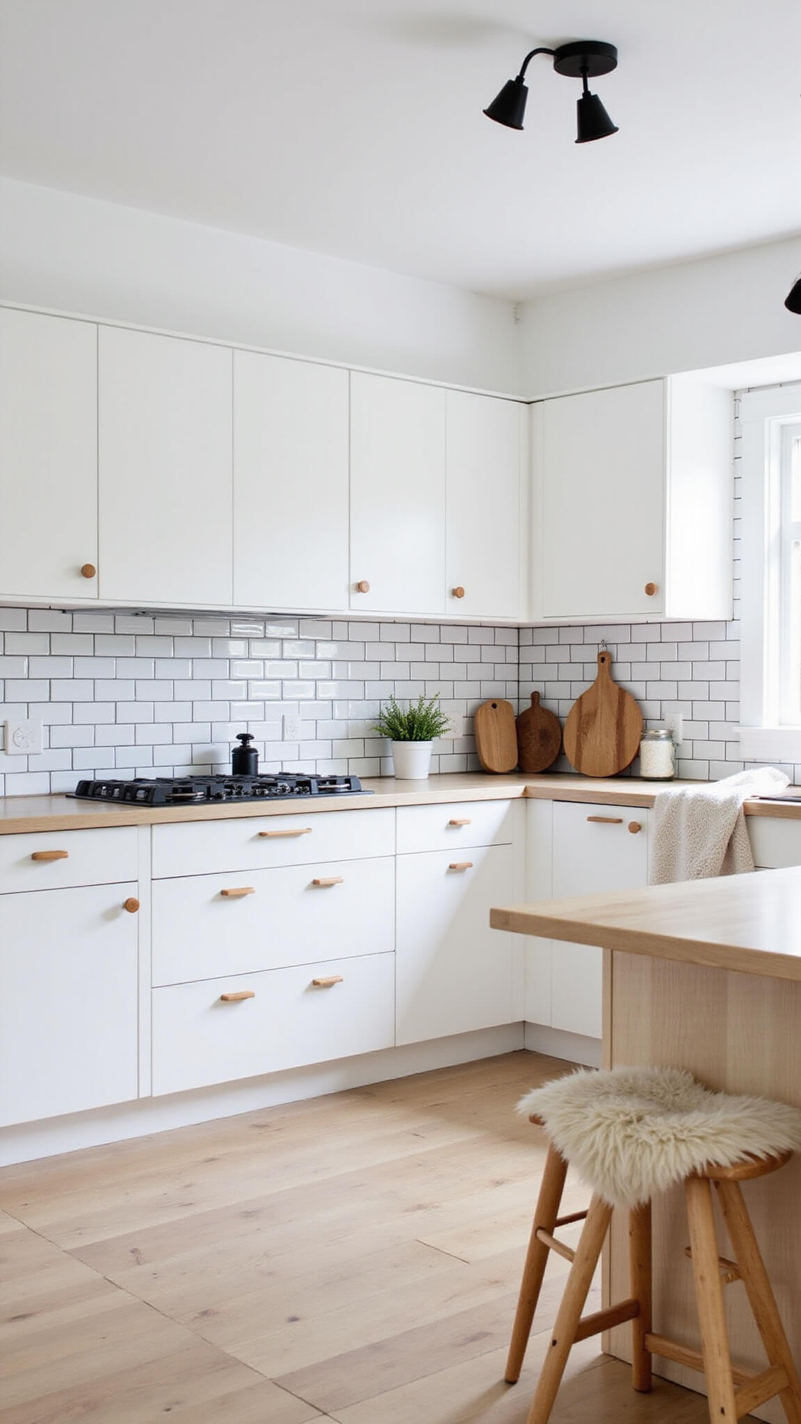 Scandinavian kitchen with white cabinets, ash wood island, black fixtures, and morning light enhancing clean lines.
