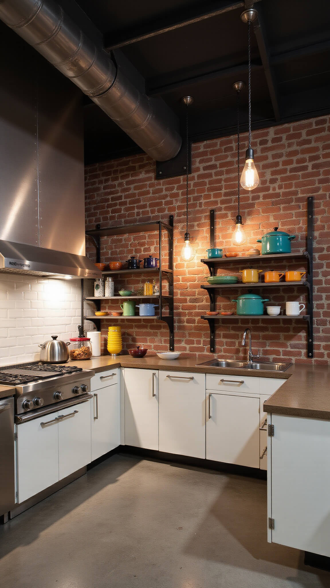 Industrial-chic kitchen at night with white metal cabinets, concrete countertops, open steel shelving, and warm Edison bulb lighting.