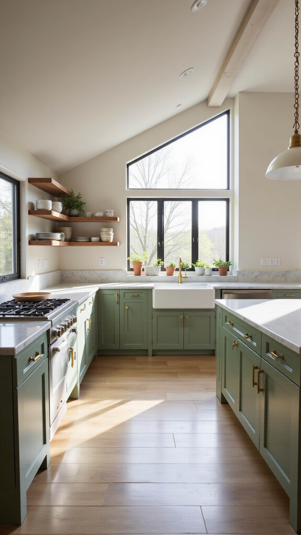 Eye-level view of a spacious 12x15ft sage green kitchen with vaulted ceilings, large windows, central island, marble countertops, brass accents, and soft morning light.