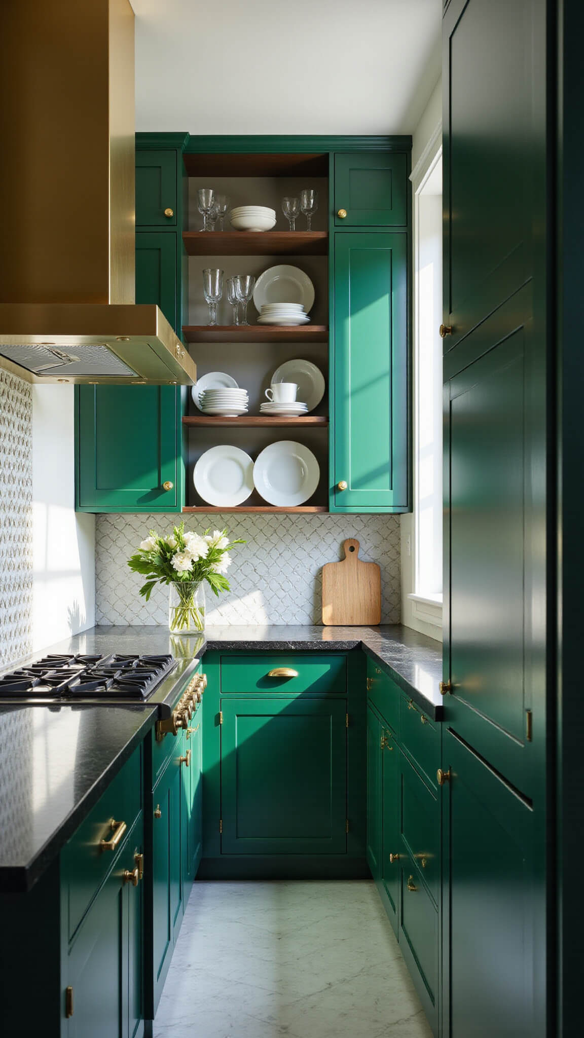 Galley kitchen with emerald green high-gloss cabinets, black marble countertops, gold hardware, and geometric white and gold backsplash, viewed from one end with dramatic afternoon side-lighting.