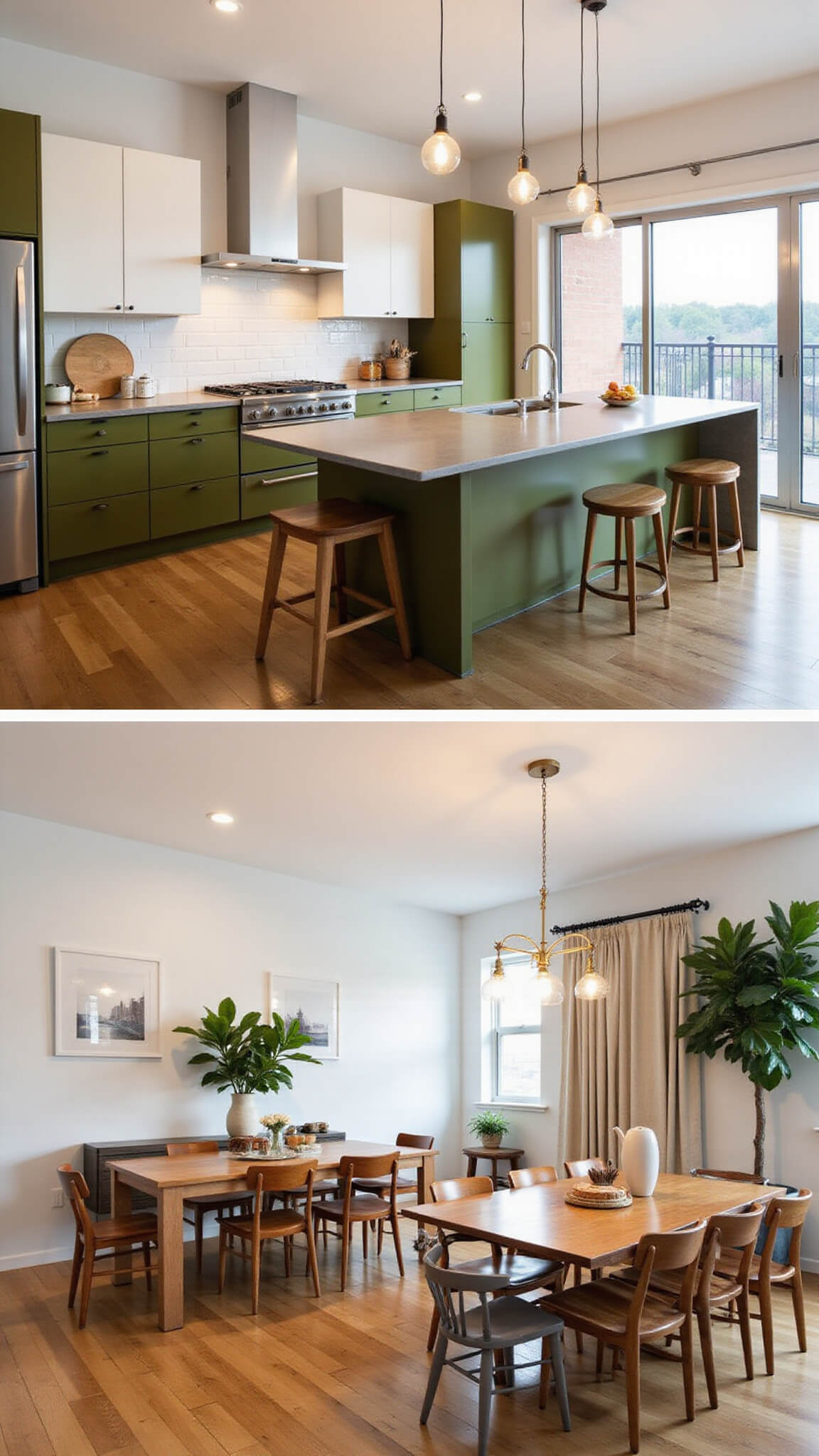 Open-concept kitchen and dining area with olive green cabinets, concrete island, mid-century barstools, vintage dining chairs, and warm ambient lighting at twilight.