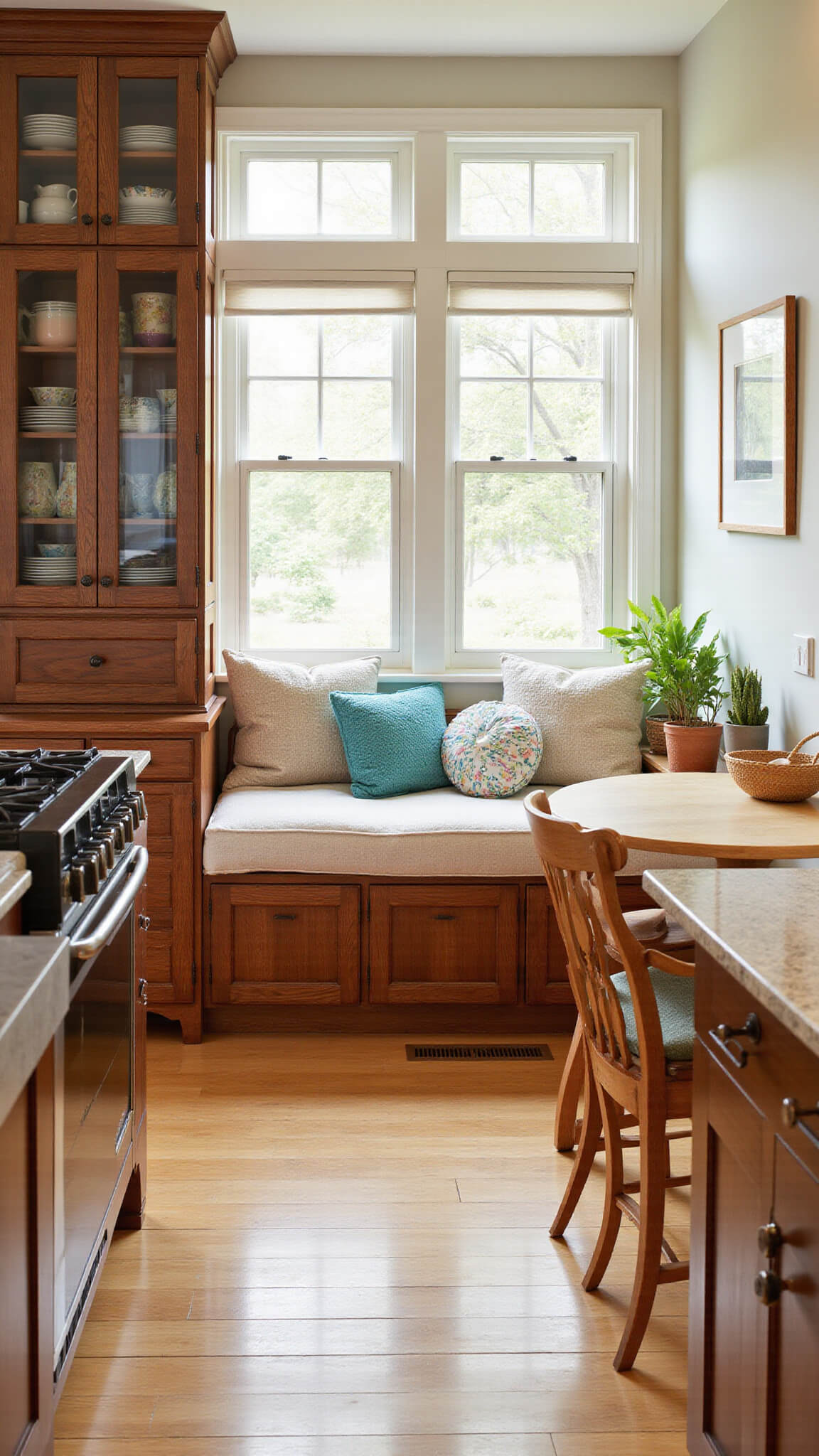 Bright breakfast nook with walnut cabinets, glass-fronted uppers, window seat, round oak table, and morning light.