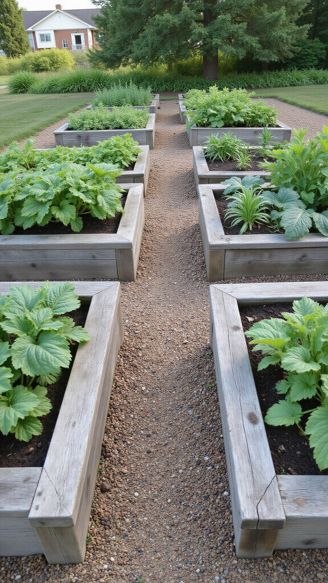 Early morning view of raised garden beds made from reclaimed wood, arranged symmetrically with pea gravel paths, dewy vegetables and herbs growing tall against weathered gray boards.