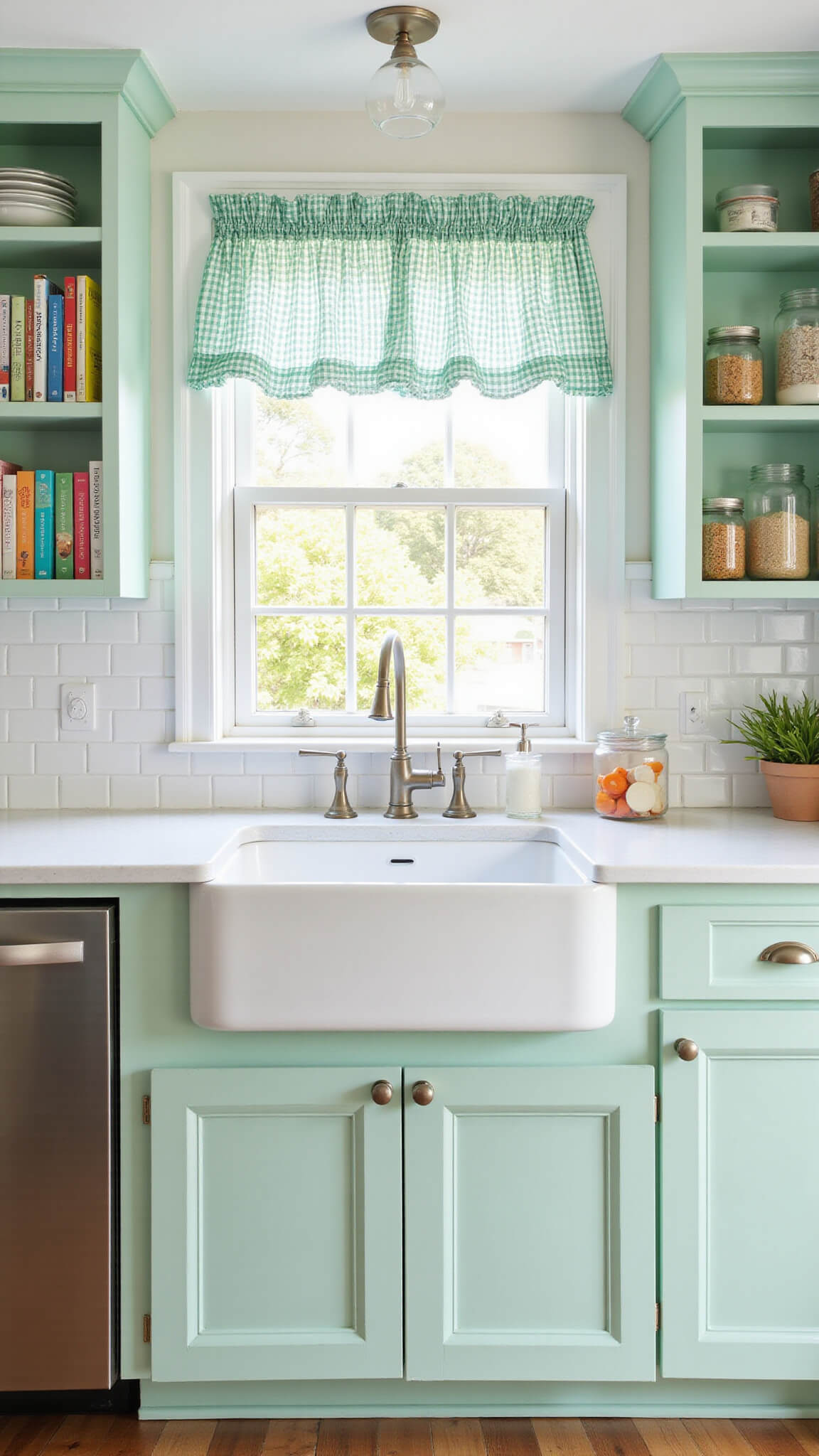 Close-up of a mint green cottage-style kitchen corner with a farmhouse sink, white quartz countertops, and open shelves holding cookbooks and mason jars, lit by bright afternoon sunlight.