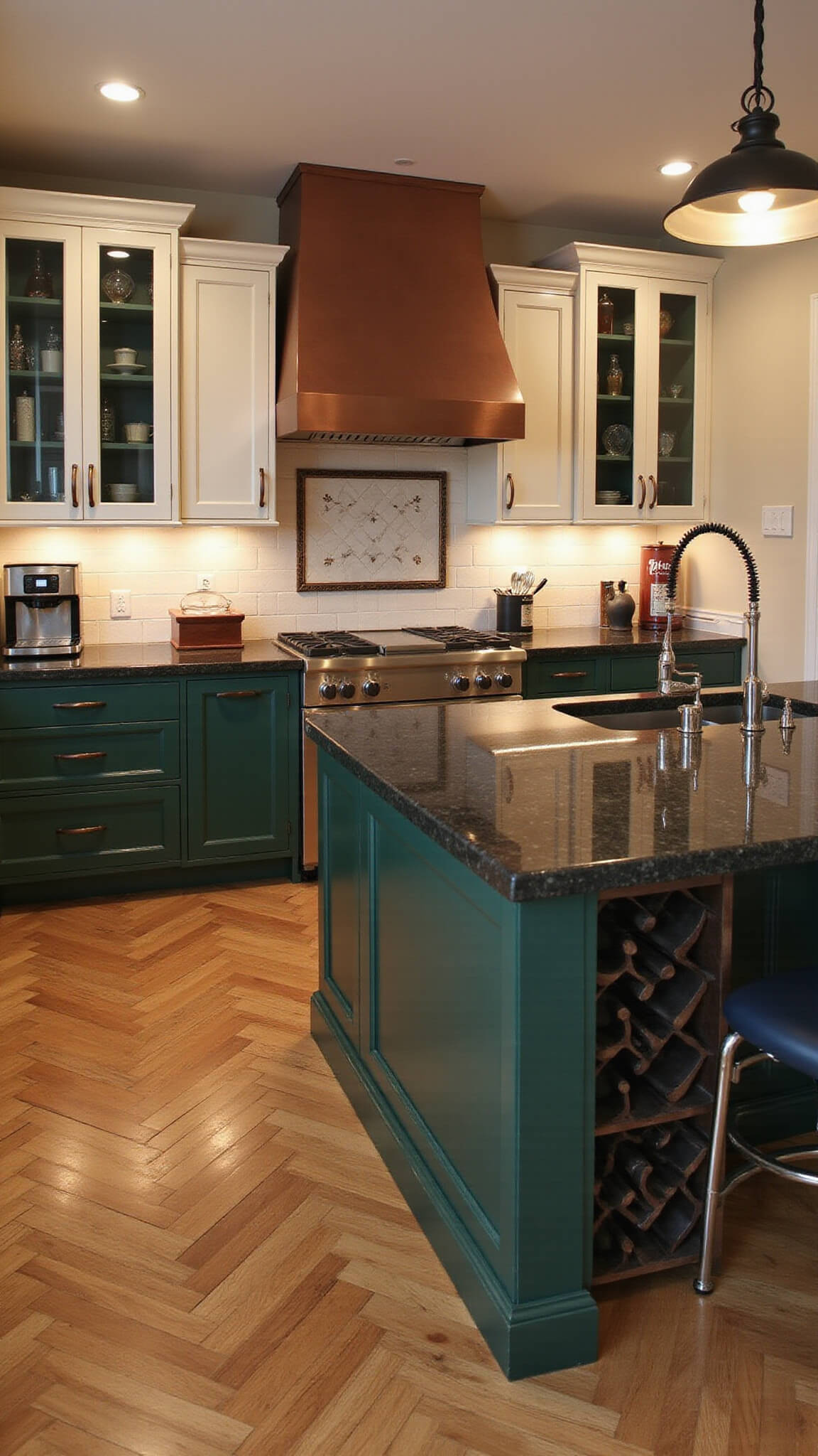 Elegant 13x15ft kitchen at dusk with forest green and cream two-tone cabinets, black granite countertops, copper range hood, herringbone wood floors, and art deco pendant lights over a central island.
