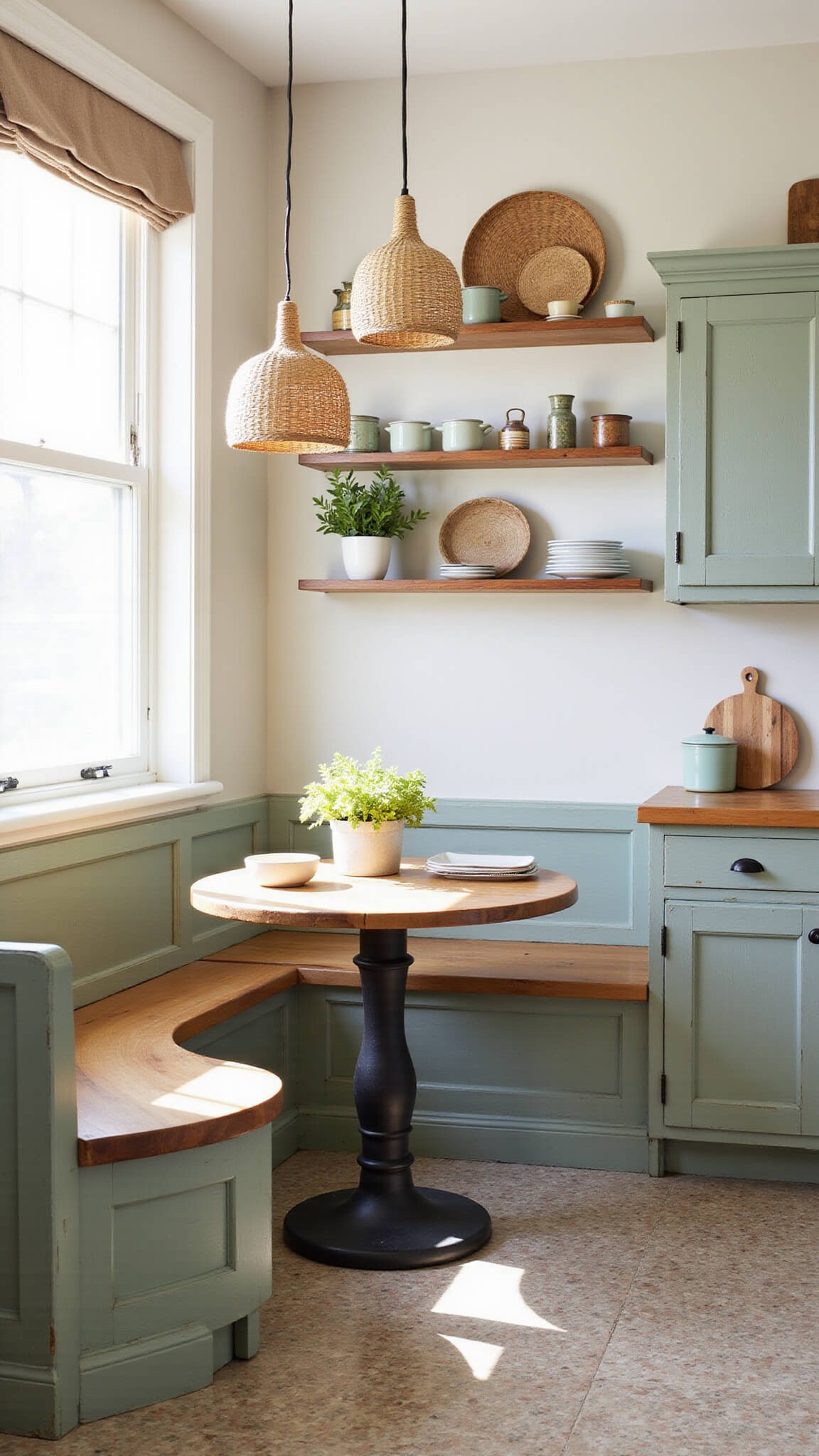 Cozy kitchen nook with built-in bench seating, sage green cabinets, butcher block counters, and patterned tile floor in soft morning light.