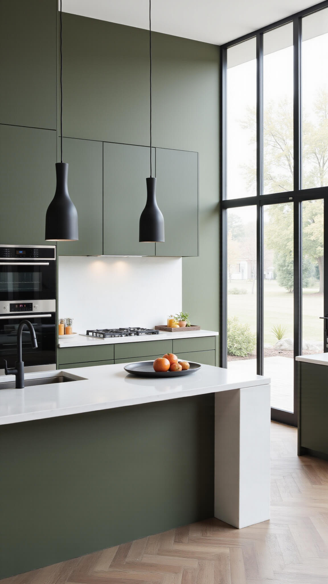 Modern olive green and white kitchen with handleless cabinets, quartz surfaces, minimalist island, black pendant lights, and floor-to-ceiling windows flooding the space with natural light.