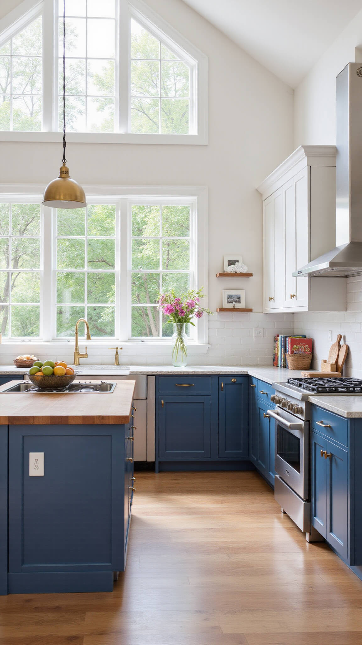 Spacious kitchen with navy and white cabinets, central butcher block island, stainless steel appliances, and morning sunlight streaming through large windows.
