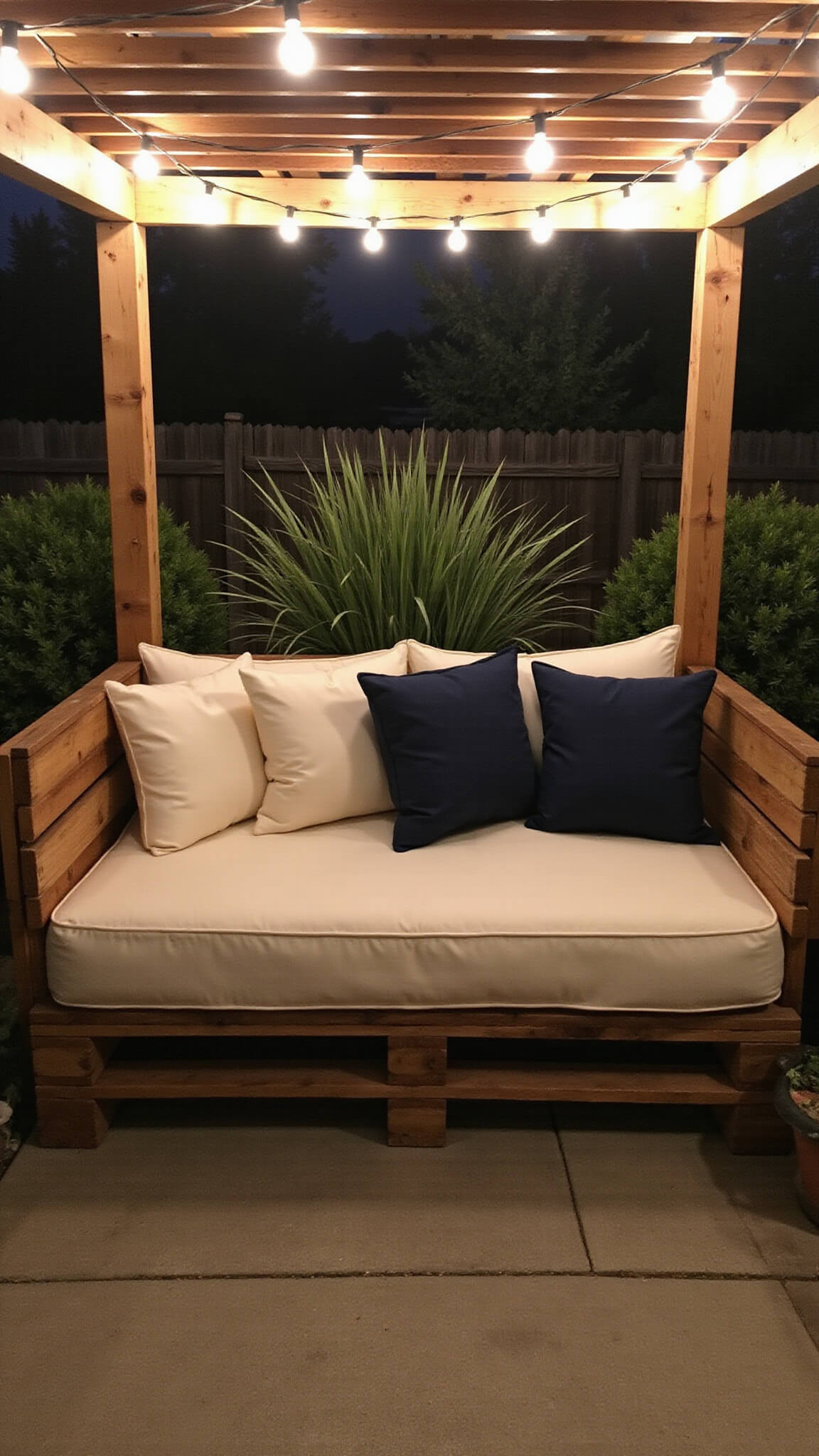 Cozy garden nook at dusk with padded pallet daybed under pergola lit by warm string lights.