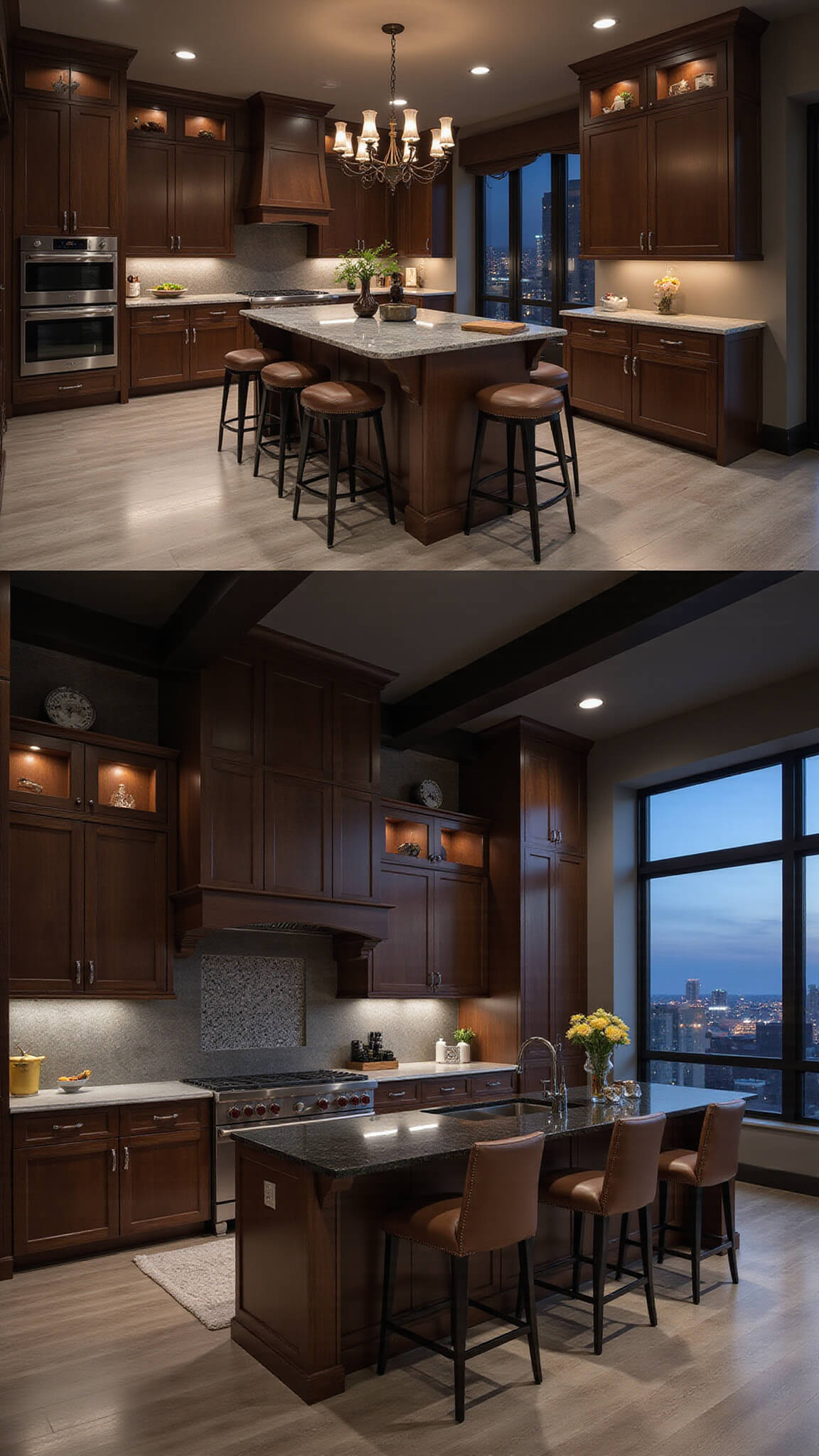Luxurious kitchen-lounge with dark walnut cabinets, marble island, leather barstools, and city view at dusk under moody lighting.