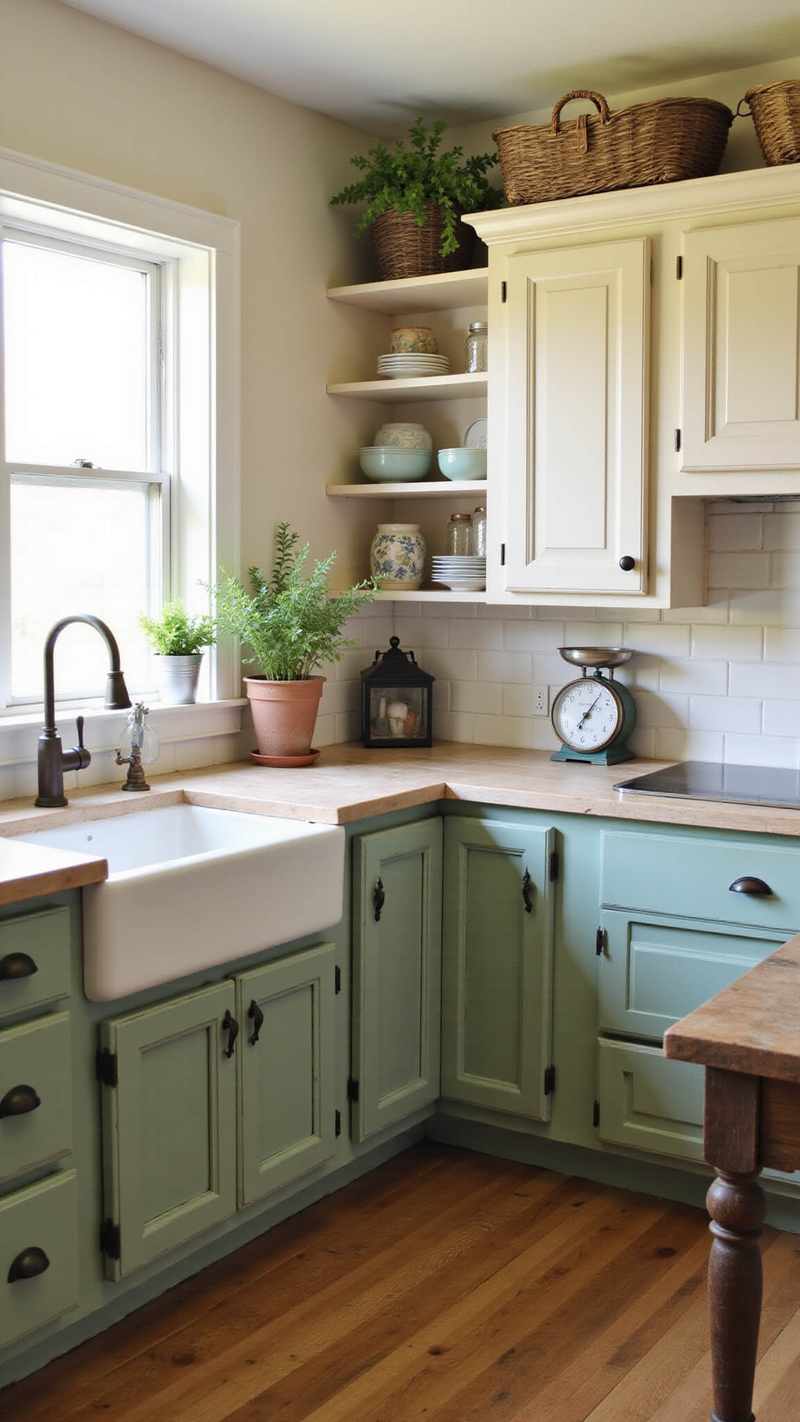 Cozy farmhouse kitchen with sage green and cream cabinets, rustic wood floors, open shelving, and warm afternoon light.