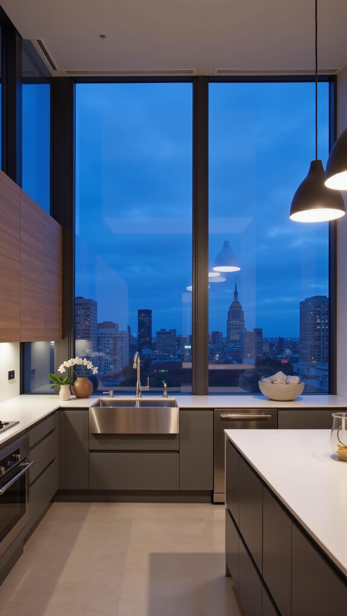 Modern 14x16ft kitchen with floor-to-ceiling city-view windows, twilight lighting, two-tone handleless cabinets, waterfall quartz island, integrated appliances, and minimalist decor.