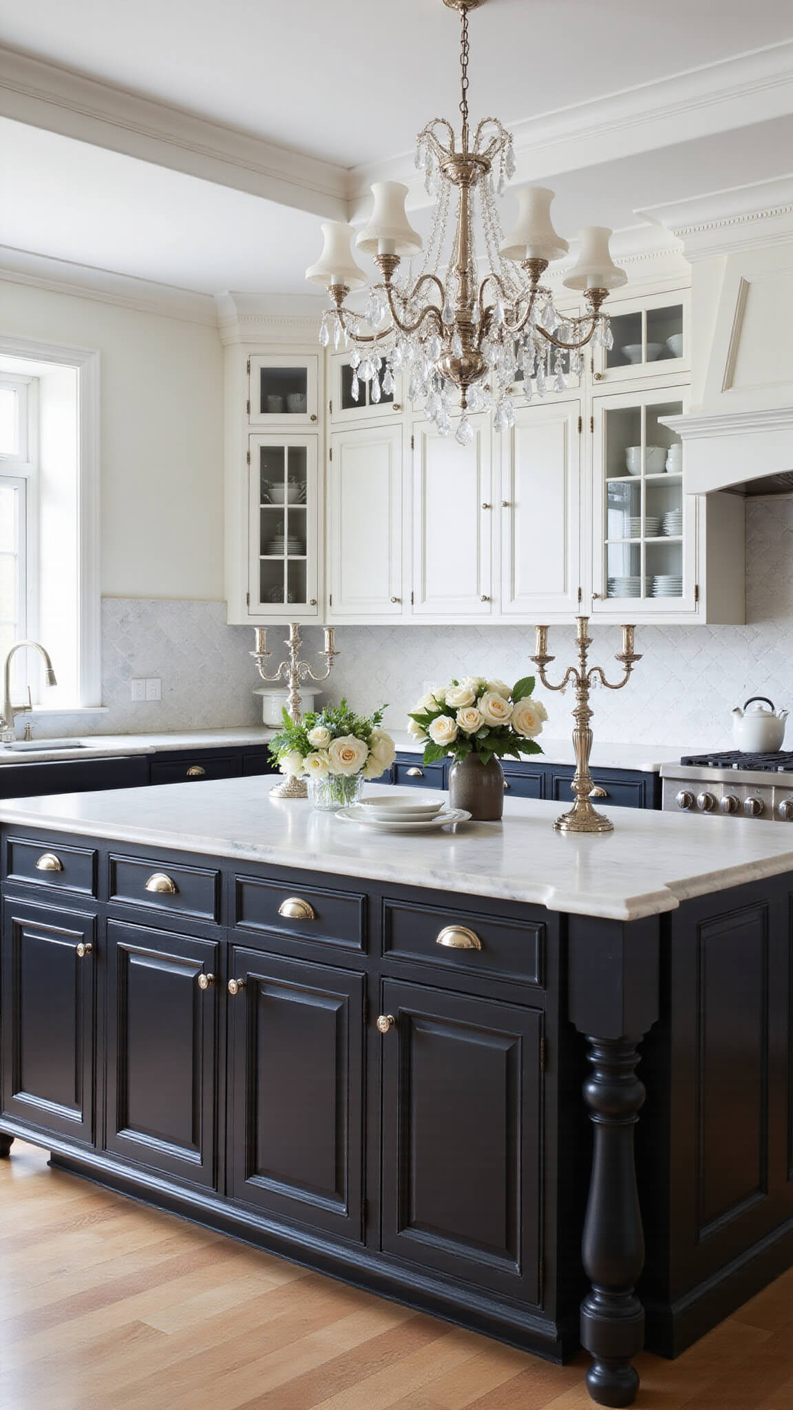 Traditional 11x13ft kitchen with black lower and white glass-front upper cabinets, marble countertops, herringbone backsplash, crystal chandelier over island, and polished nickel hardware.