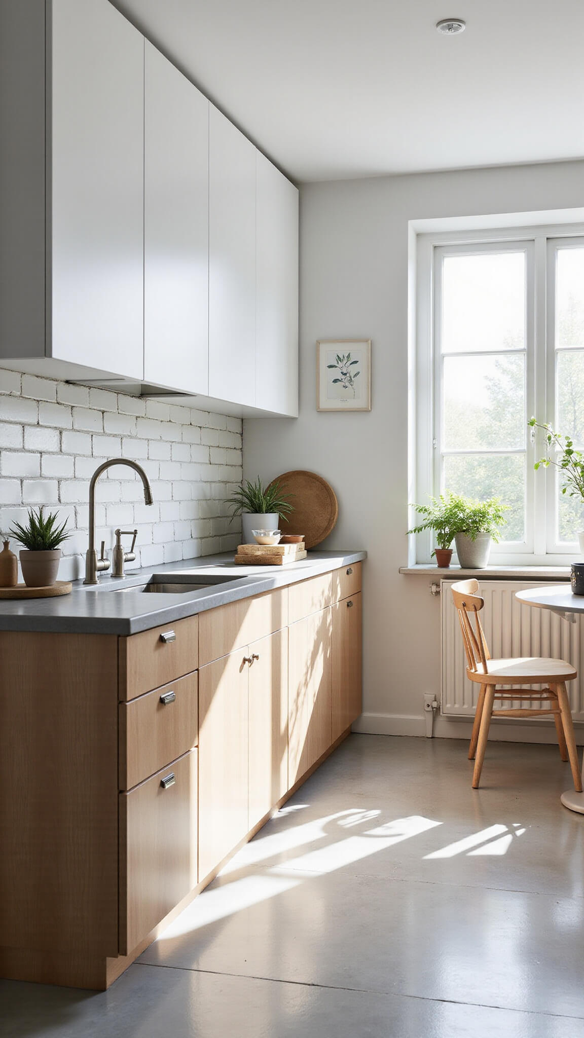 Scandinavian-style 9x11ft kitchen with light wood and white cabinets, white brick walls, concrete countertops, and a sunny dining nook with wishbone chairs.