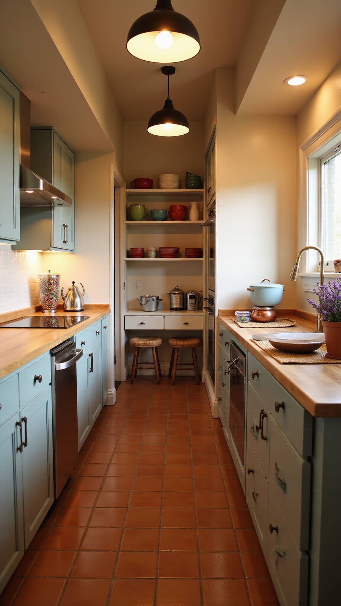 Warmly lit galley kitchen with khaki and cream cabinets, butcher block counters, terracotta tile floor, open shelves with ceramics, rattan stools, and copper cookware.