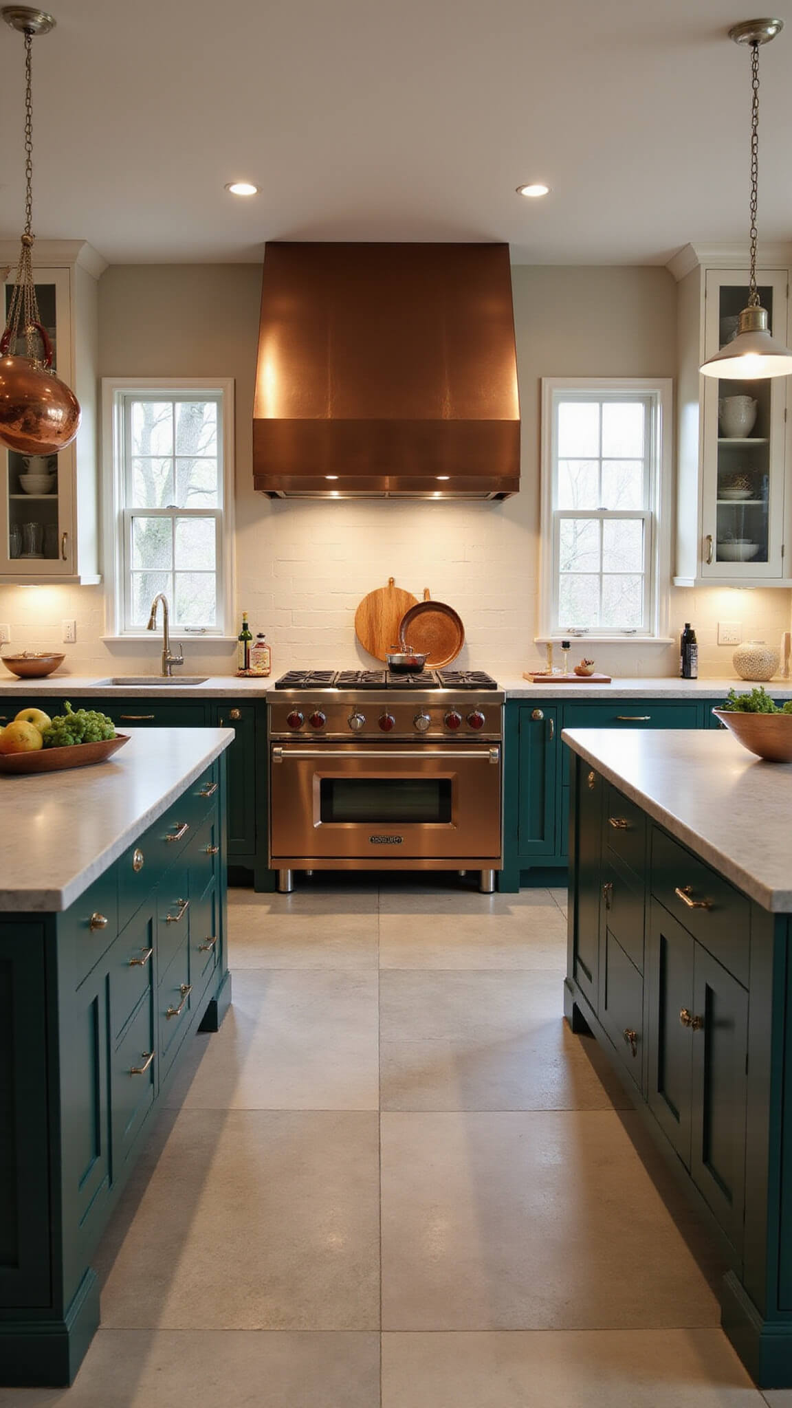 Luxurious 16x18ft chef’s kitchen with two-tone cabinets, massive copper hood, soapstone countertops, limestone floor, and large island under dramatic lighting.