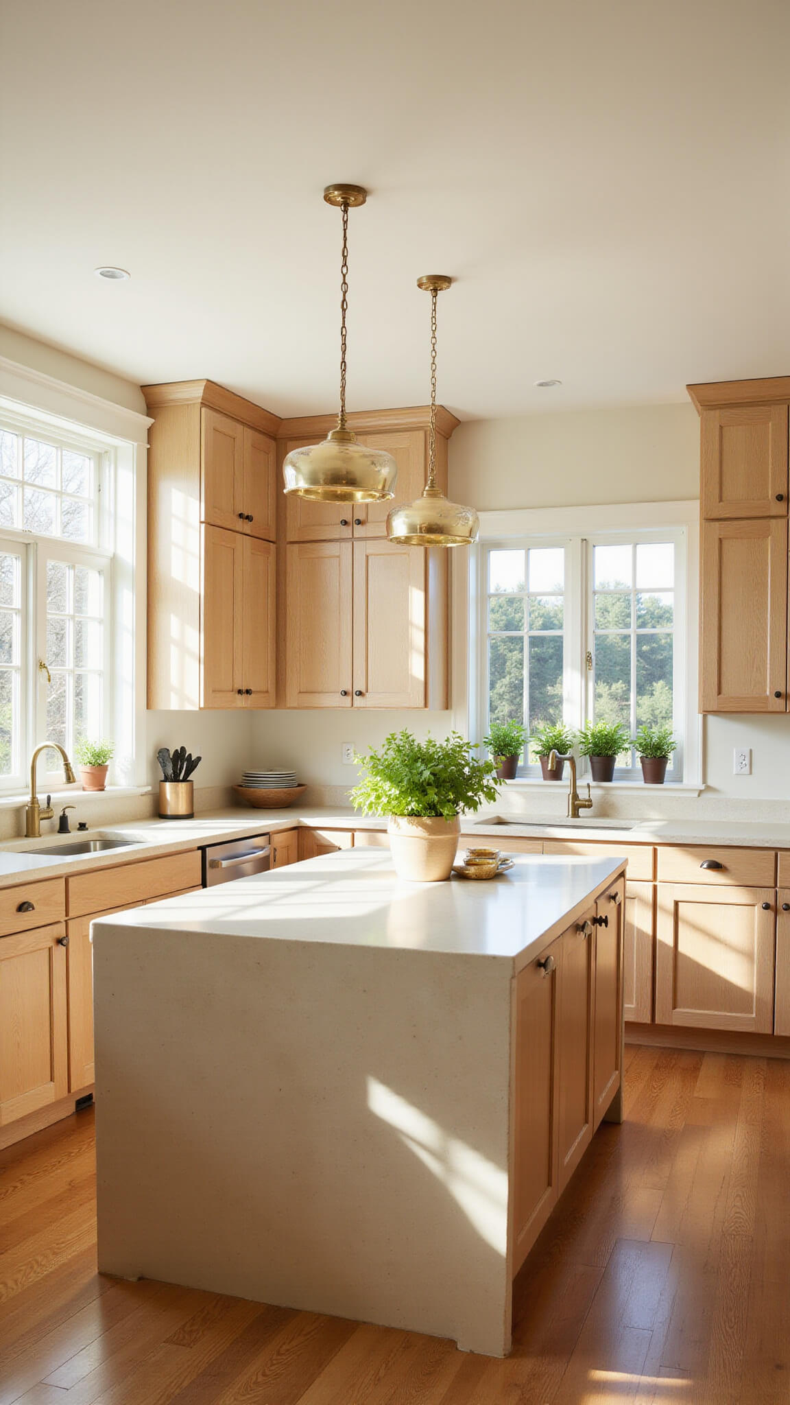 Bright, airy kitchen with white oak Shaker cabinets, central island with creamy quartz waterfall countertop, brass pendant lights, and hardwood floors, bathed in morning light.