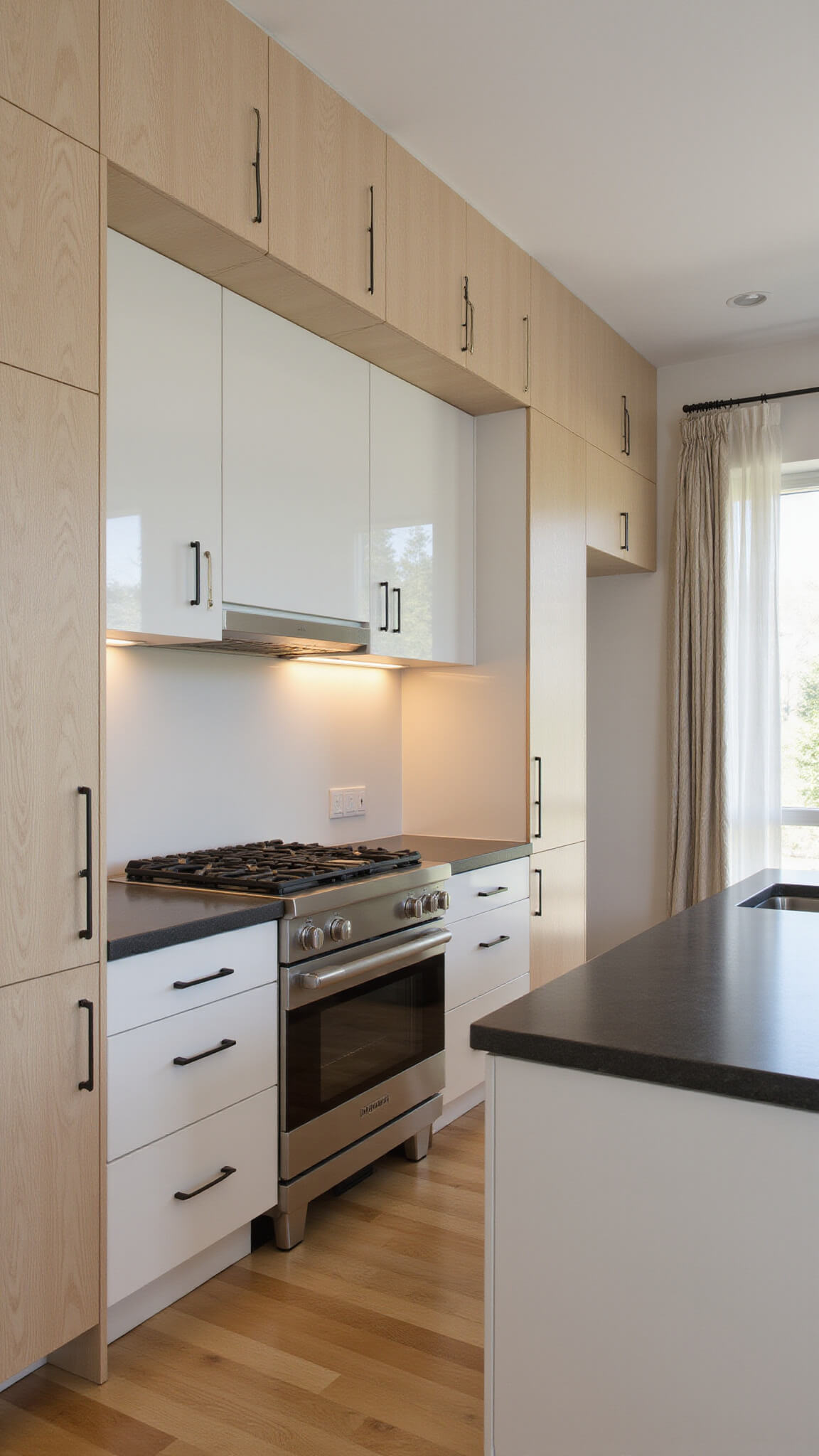Elegant 8x14ft galley kitchen with white oak cabinets, stainless steel appliances, dark soapstone island, and soft afternoon sunlight enhancing a modern, sophisticated design.