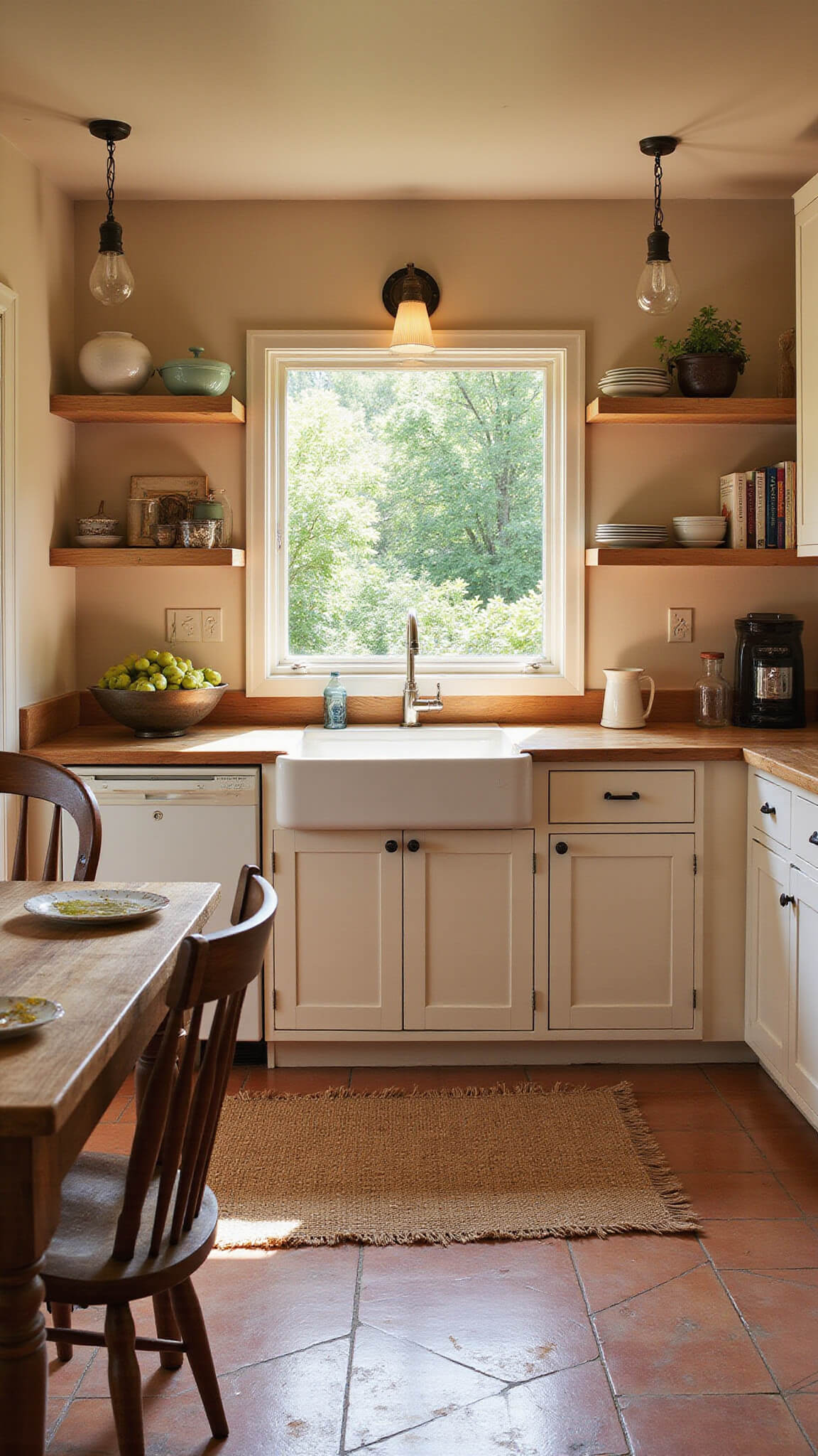 Cozy 10x12ft kitchen with white oak cabinets, farmhouse sink under a garden-facing window, butcher block countertops, open shelves with pottery and cookbooks, vintage pendant lights, jute rug on terracotta tiles, bathed in golden hour light.