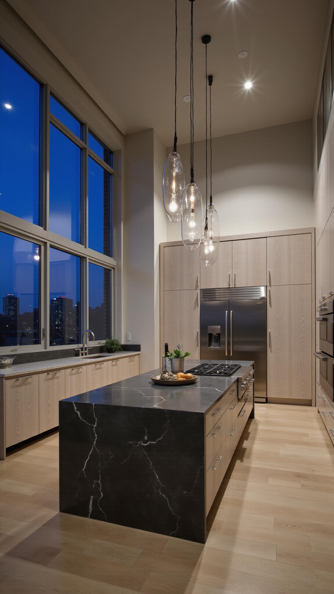 Luxurious chef's kitchen at twilight with cerused white oak cabinets, charcoal island, pendant lighting, and city view through large windows.