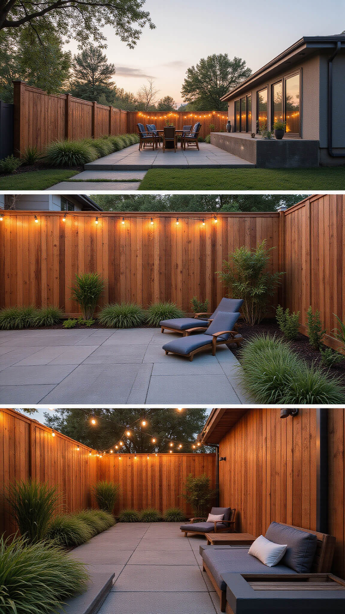 Contemporary backyard with tall cedar slat fence, stone pavers, ornamental grasses, and cozy seating at golden hour.