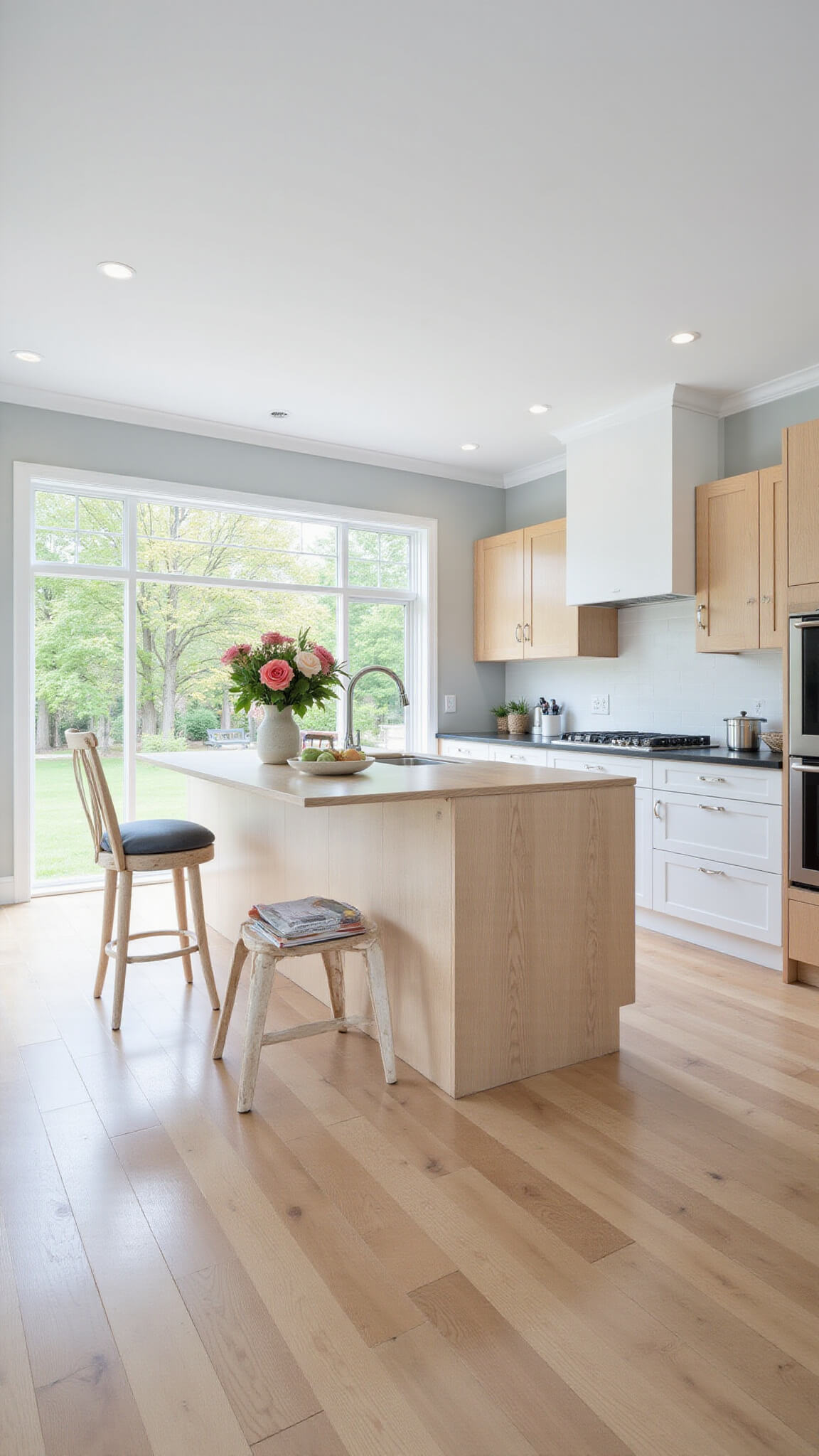 Open-concept kitchen-living space with white oak and white cabinetry, farmhouse sink island, large picture window, and bright natural lighting.