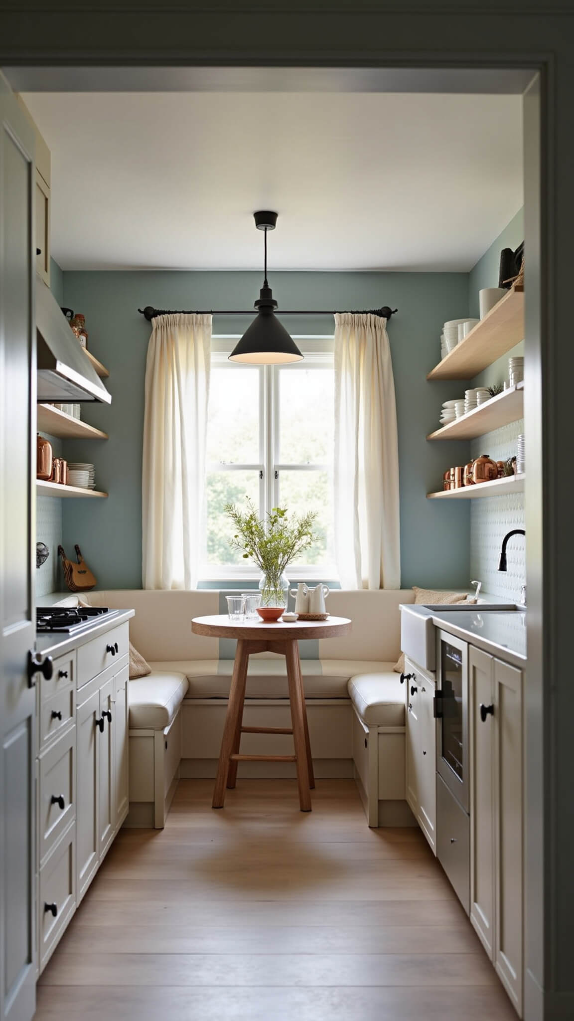 Cozy 9x11ft kitchen nook with limed white oak cabinets, copper cookware, small round table for two, and soft evening lighting.