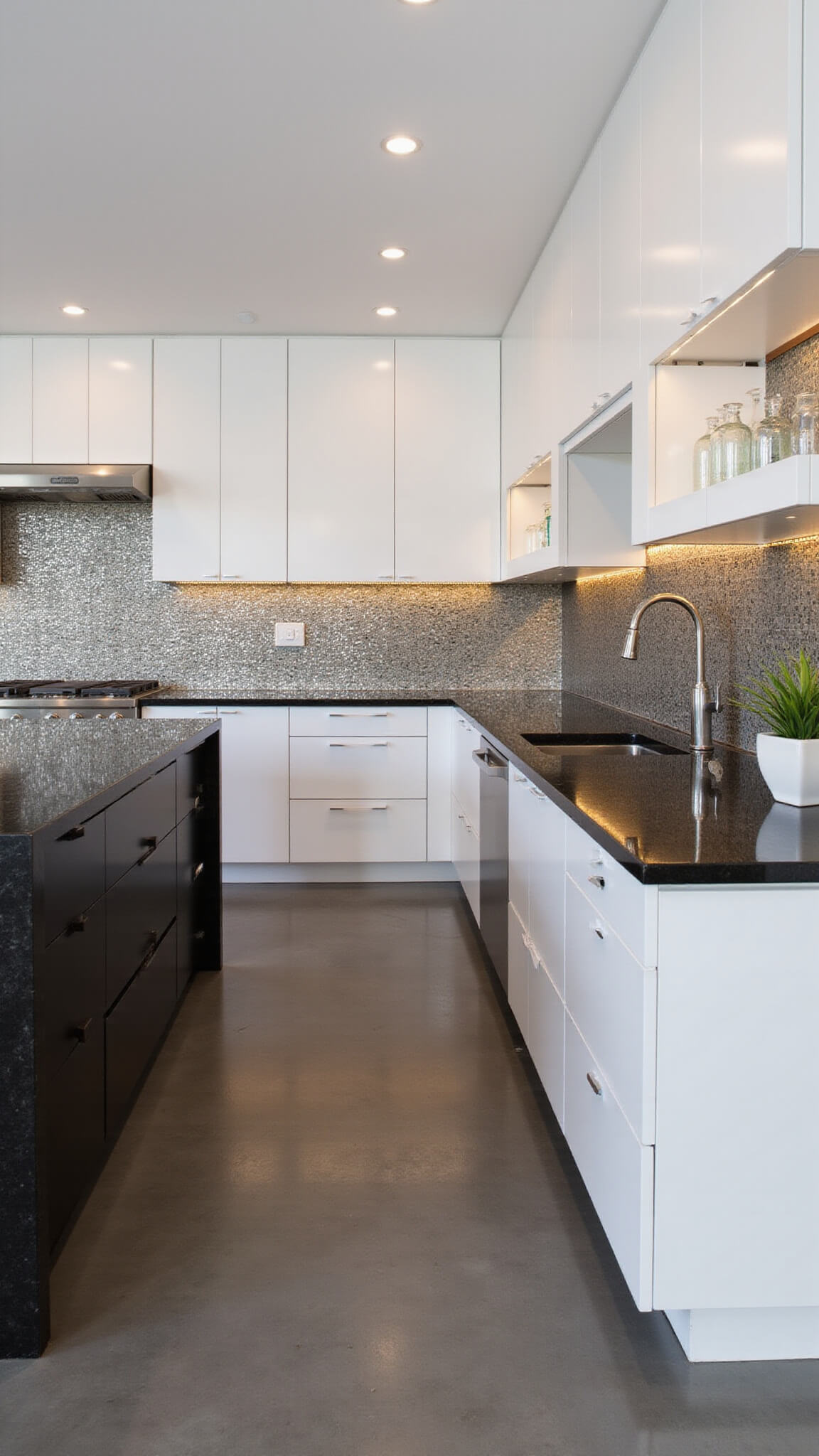 Modern 14x16ft kitchen with white oak and glossy white cabinets, black quartz waterfall island, metallic backsplash, floating shelves, and polished concrete floors under dramatic LED lighting.