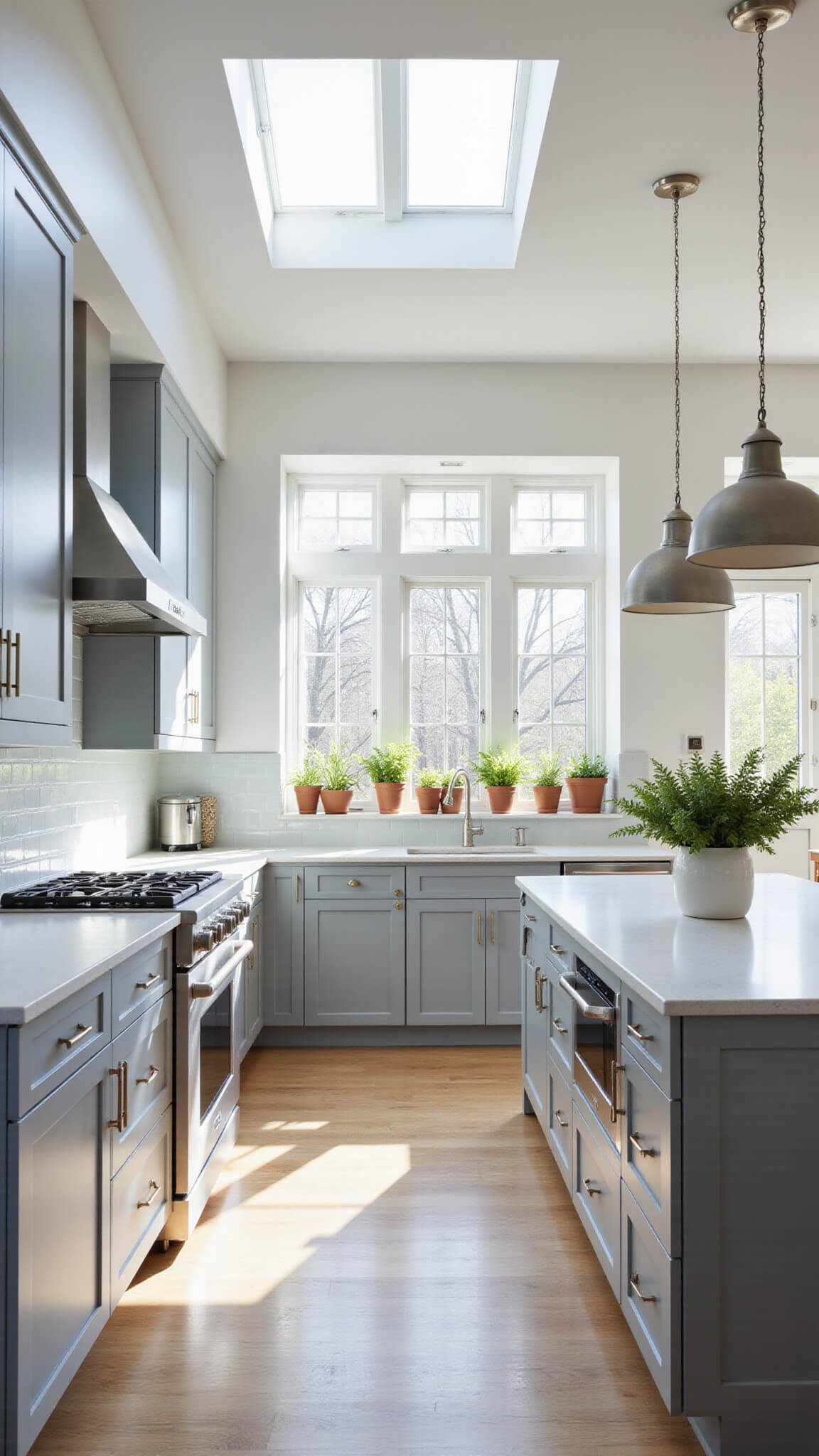 Bright, airy kitchen with light grey Shaker cabinets, white quartz island, stainless steel appliances, pale wood flooring, and morning sunlight streaming through large windows.