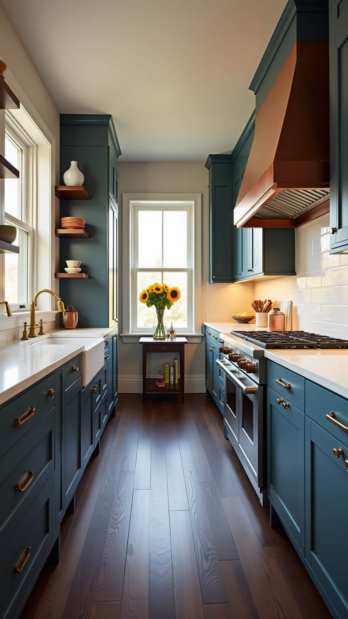 Warmly lit galley kitchen with blue-grey cabinets, white marble surfaces, brass accents, and sunflowers by a window.
