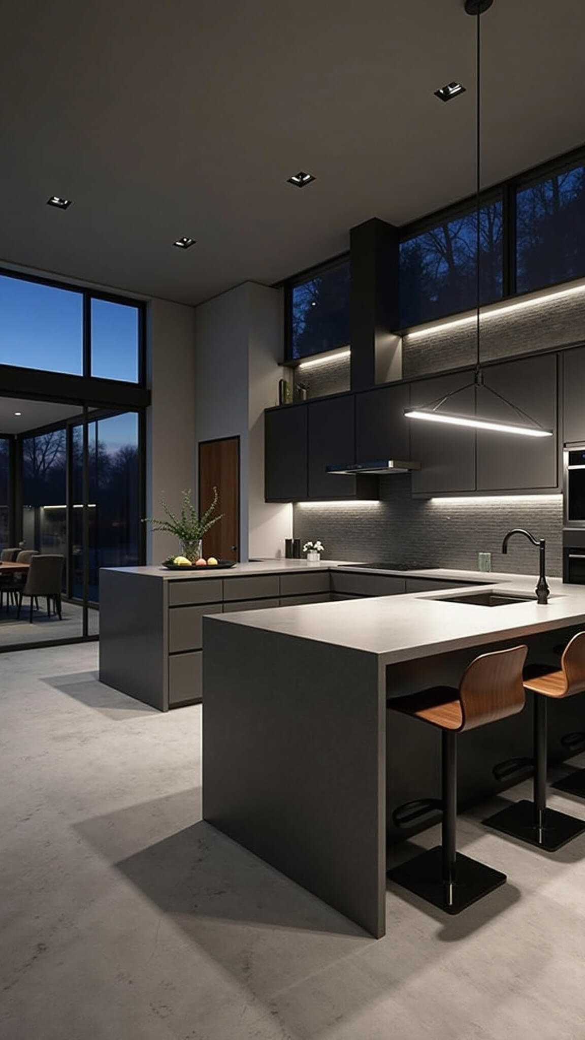 Modern open-concept kitchen with charcoal grey cabinets, concrete island, and moody twilight lighting viewed from adjoining living room.
