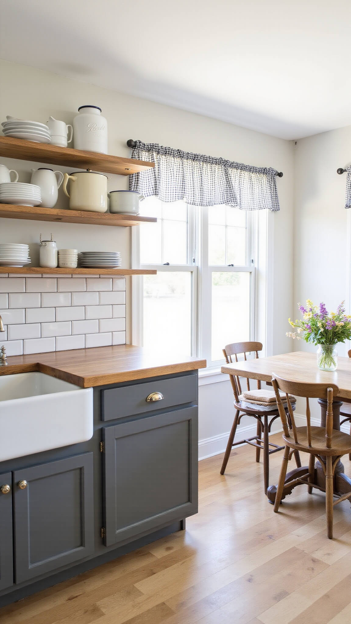 Farmhouse kitchen with grey two-tone cabinets, butcher block counters, and a farmhouse sink, with a cozy breakfast nook and gingham curtains in the background.