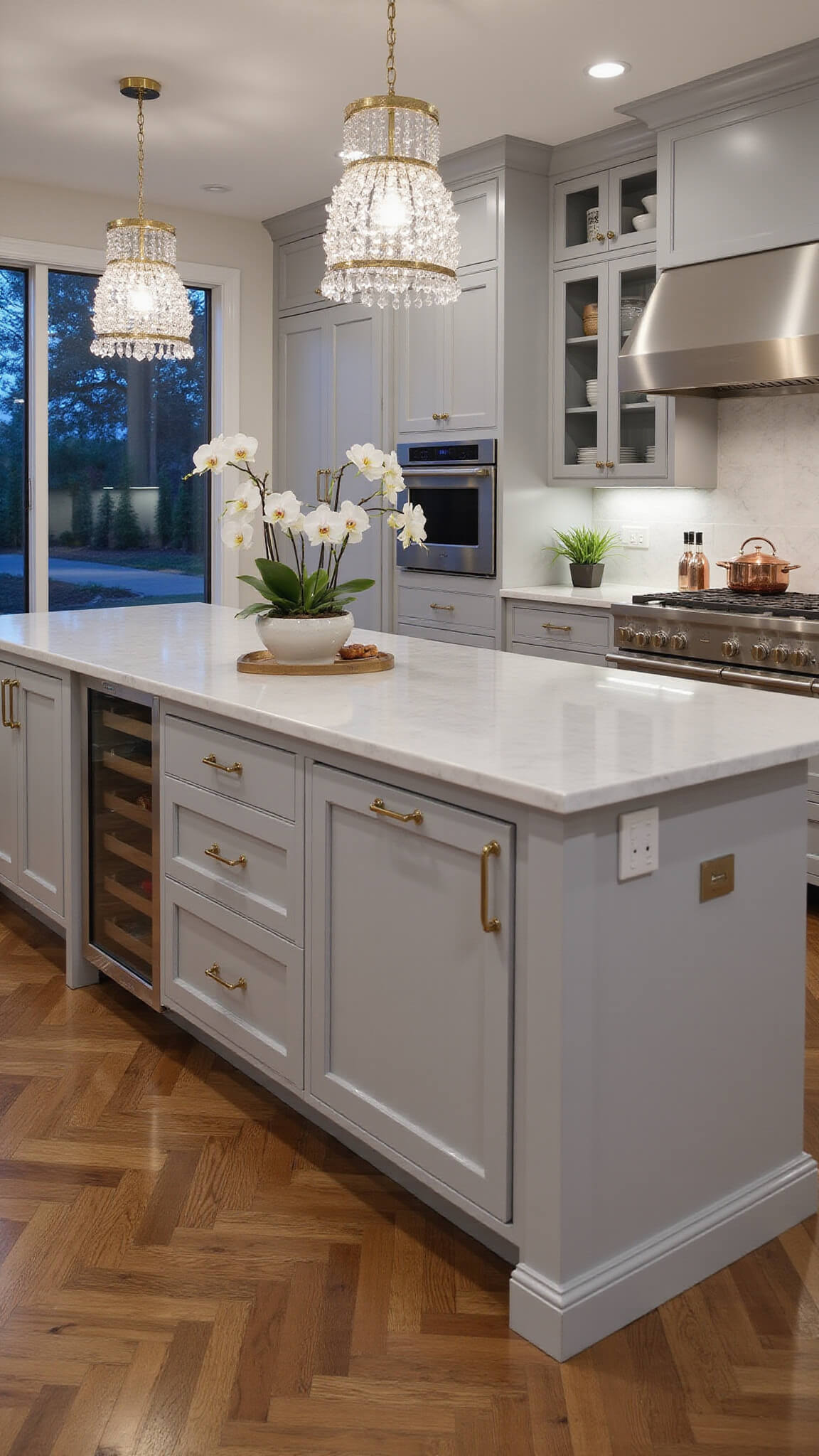 Elegant grey kitchen at dusk with marble island, crystal pendant lights, herringbone floors, brass accents, and garden-view windows.