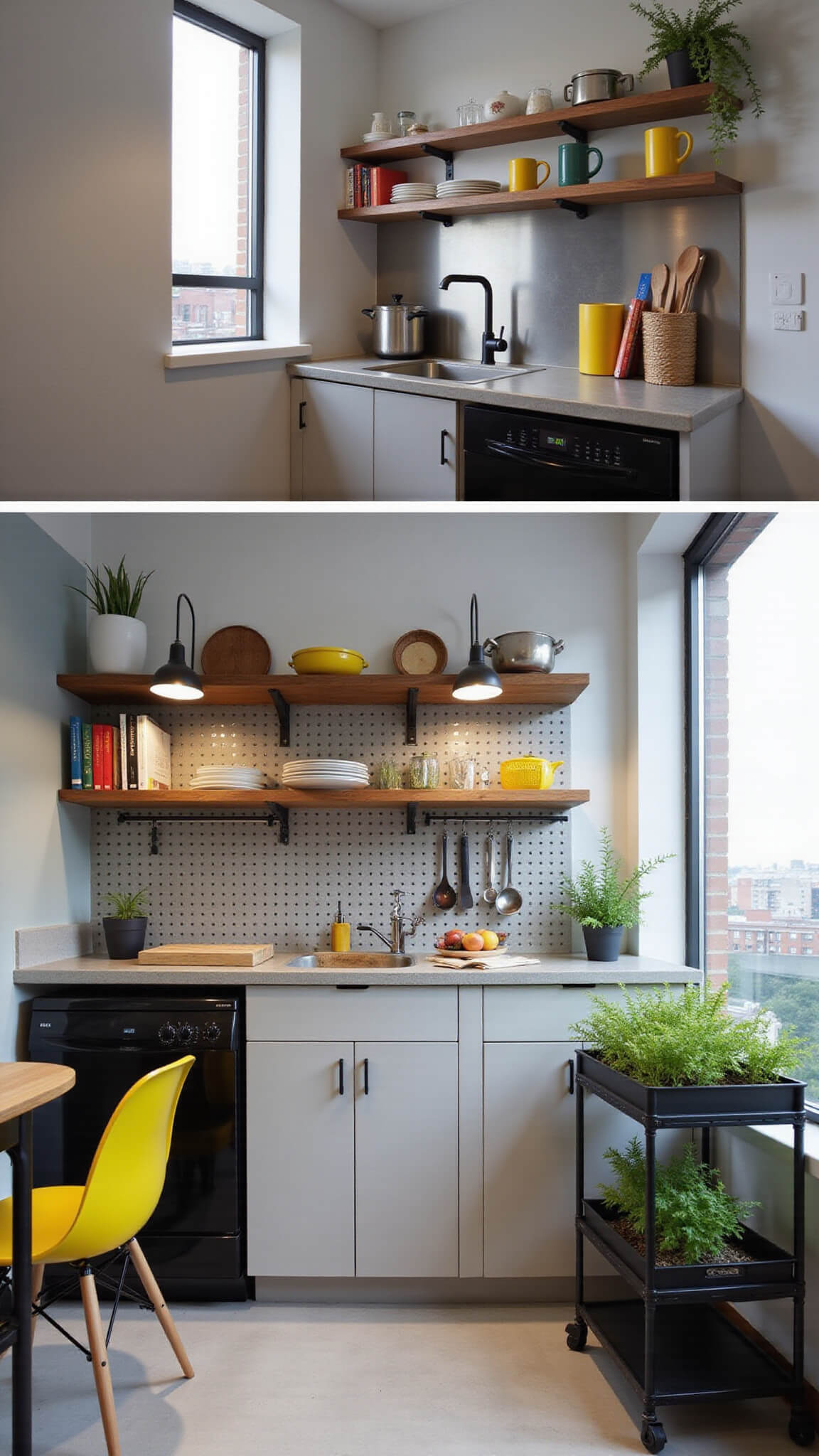 Compact 9x11ft urban kitchen with grey IKEA cabinets, concrete counters, stainless backsplash, open shelves, pegboard wall, rolling cart, black appliances, herb garden under grow lights, and yellow accents.