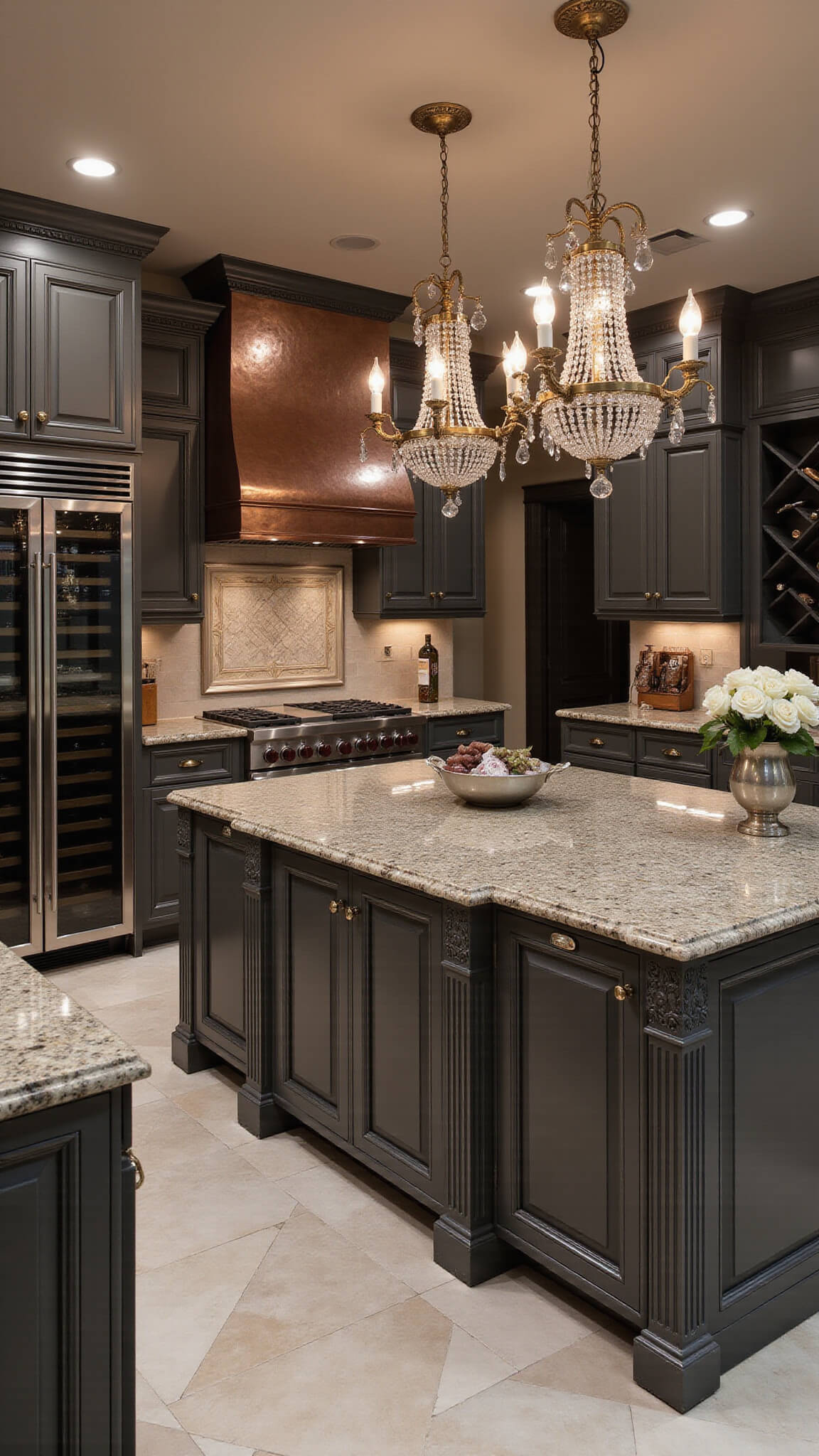 Luxurious nighttime kitchen with dark grey cabinetry, exotic granite island, crystal lighting, stainless steel appliances, copper range hood, marble herringbone floors, and a wine display.