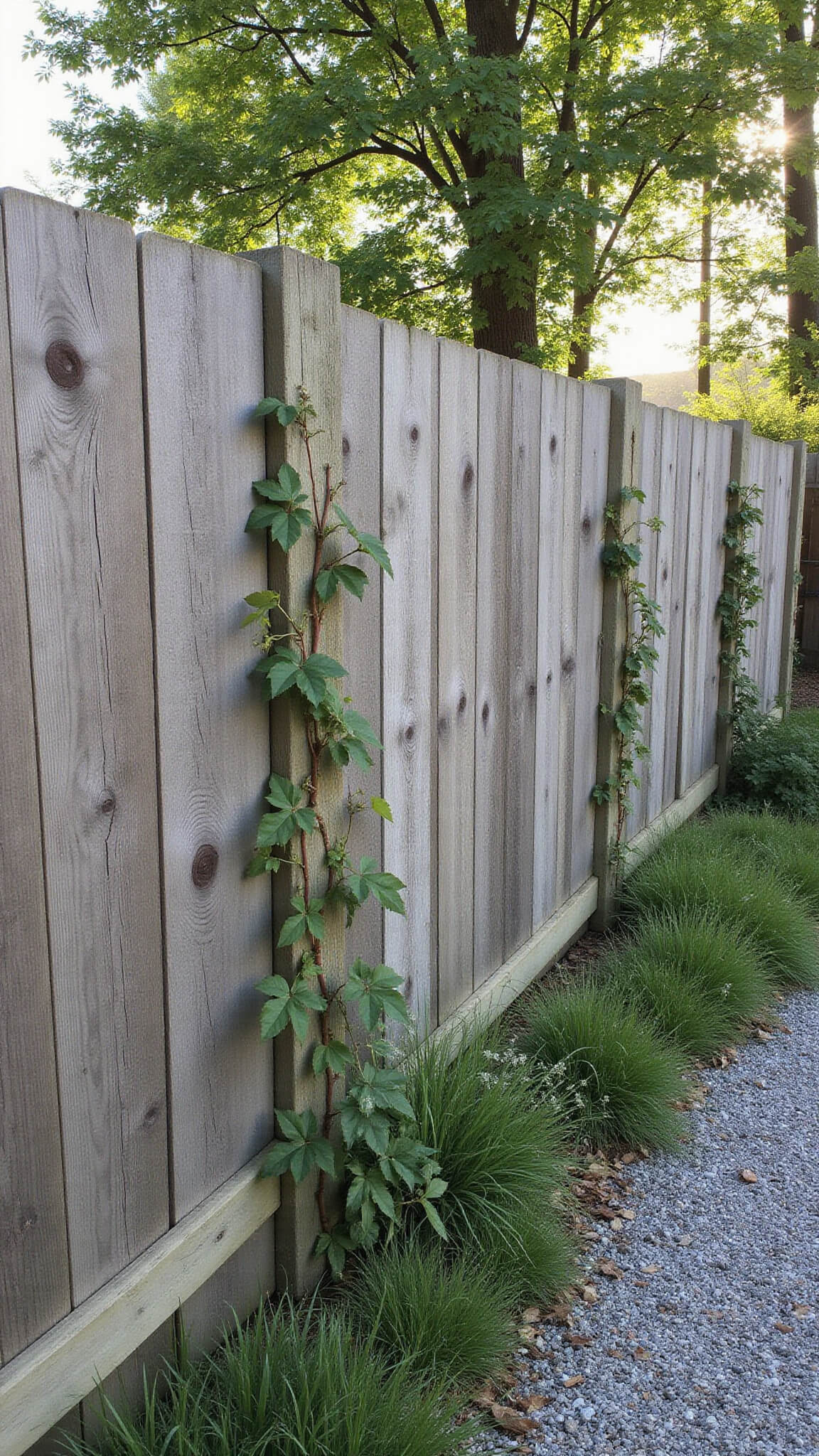 Eye-level view of a rustic 6ft barn wood fence with spaced planks casting shadows, surrounded by climbing roses, vintage accents, and a curved gravel path.