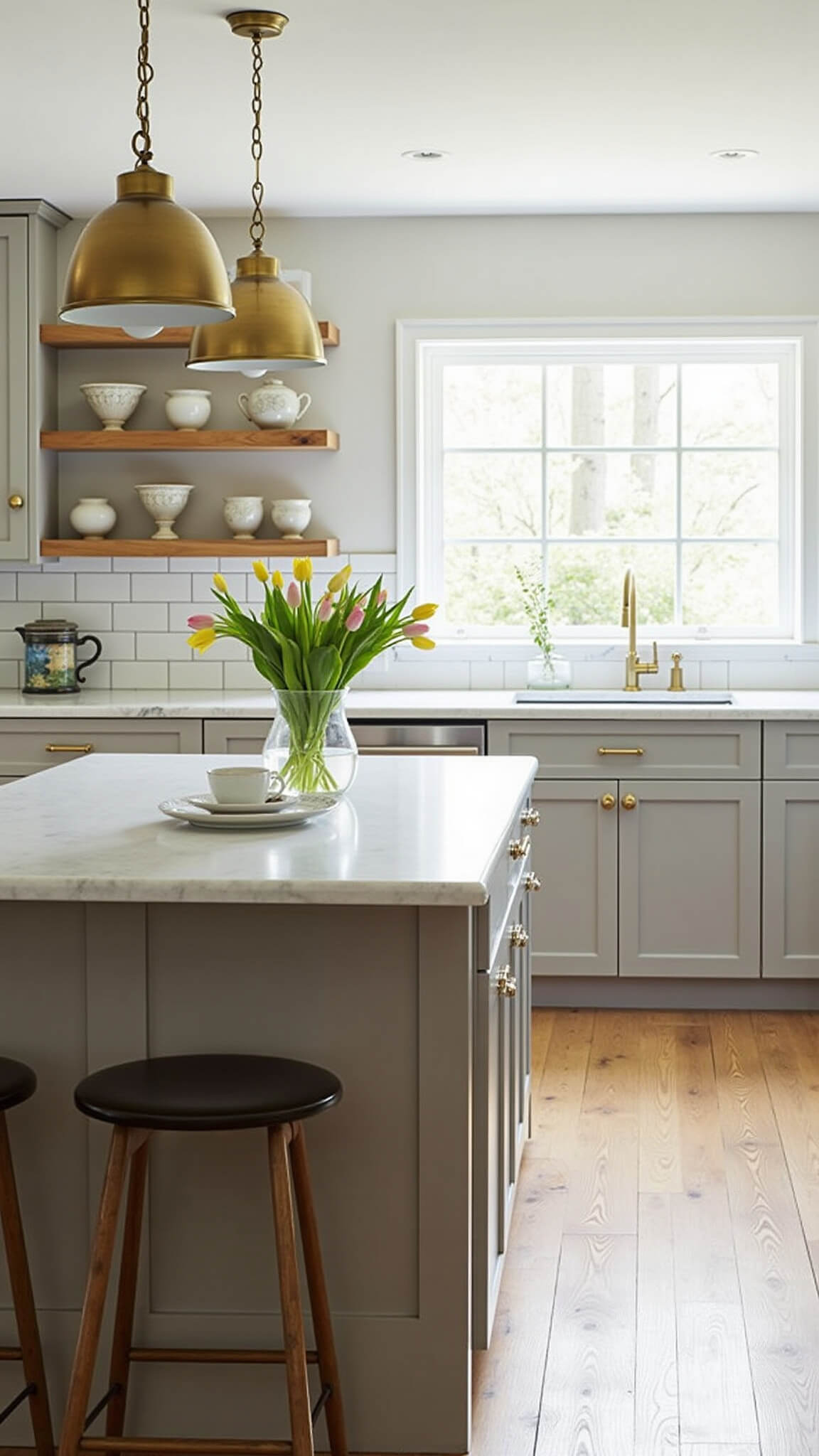 Bright, airy kitchen with light taupe cabinets, white marble island, brass pendant lights, wide-plank oak floors, and morning sunlight streaming through a large window.