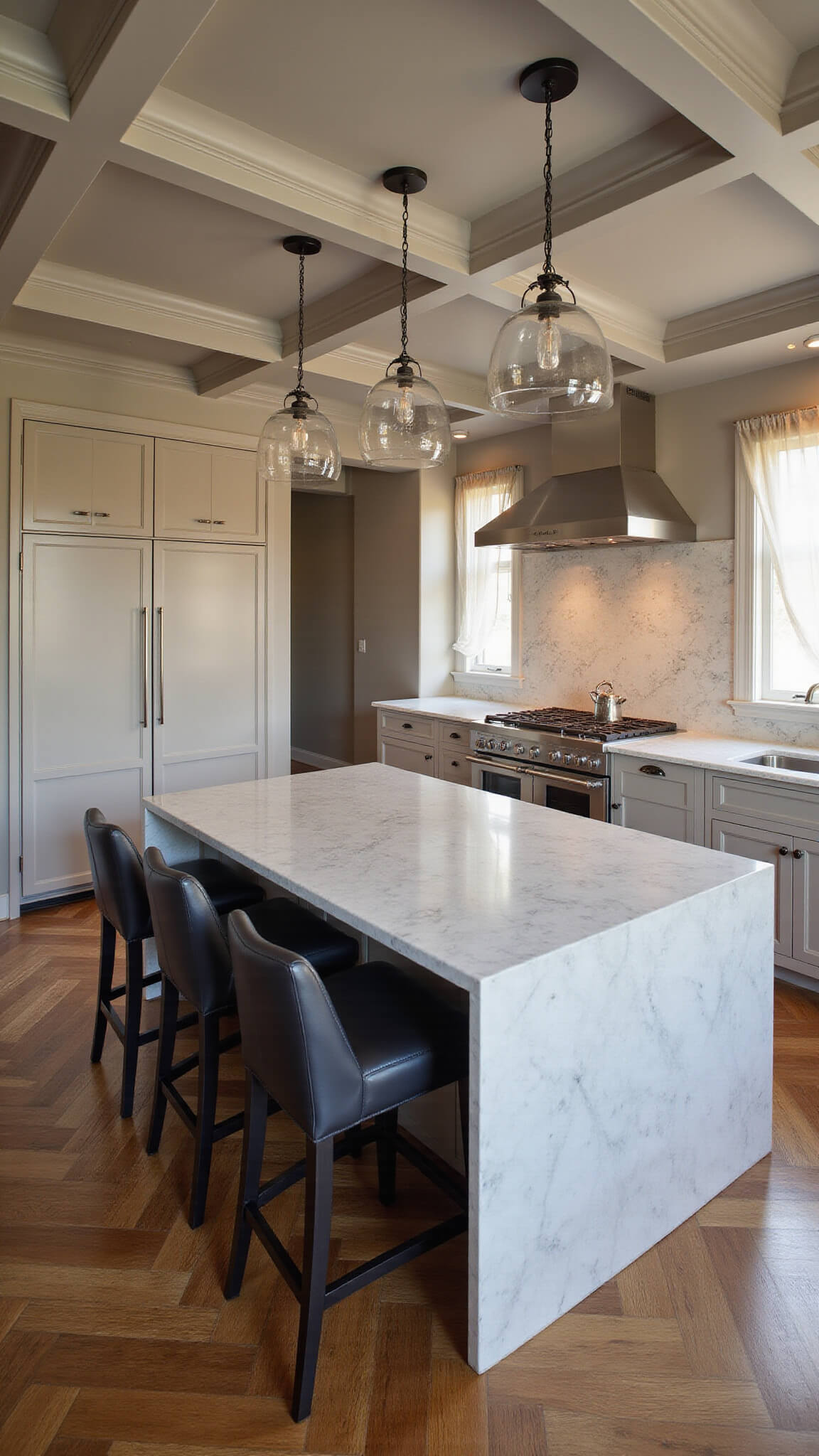 Low-angle view of a refined kitchen featuring taupe cabinets, a dramatic coffered ceiling, a Calacatta marble waterfall island with matte black bar stools, and warm golden hour lighting filtering through sheer curtains.