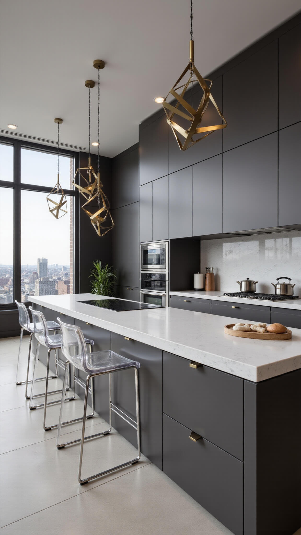 Modern urban kitchen with dark taupe handle-less cabinets, white quartz surfaces, large island, floor-to-ceiling windows showing city view, and gold pendant lighting.