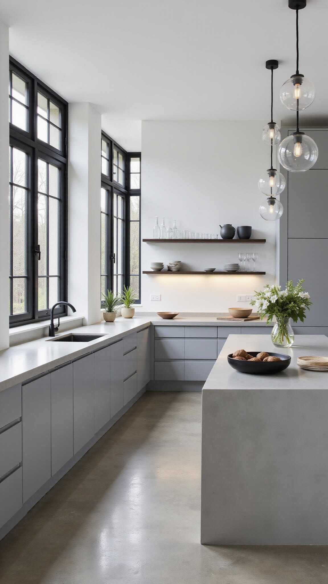 High-angle view of a minimalist 10x12 ft kitchen with matte gray taupe cabinets, concrete countertops and island, black metal-framed windows, white walls, open shelving with curated ceramics, and soft ambient lighting.
