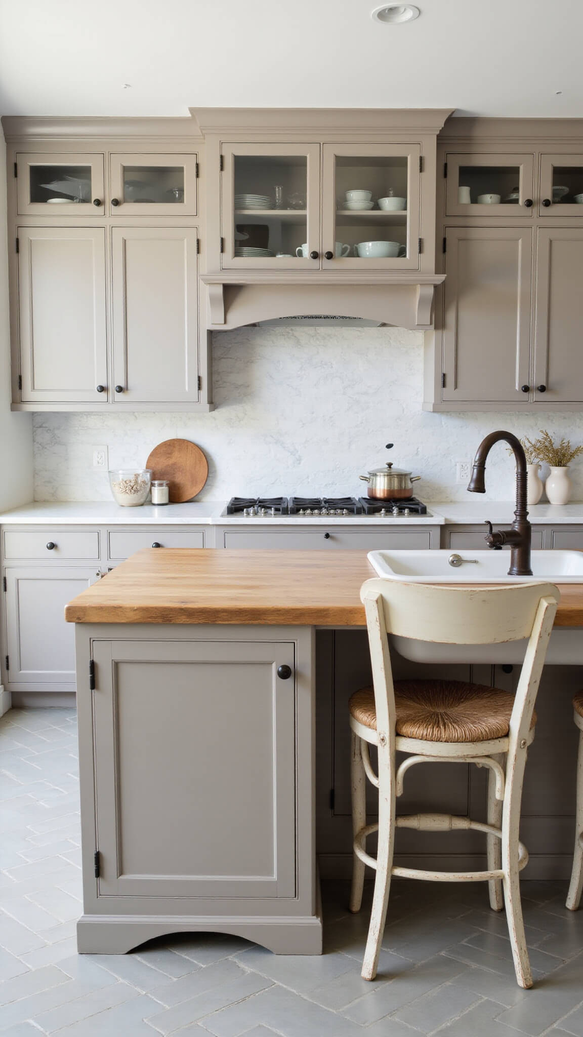 Transitional kitchen with taupe cabinets, Carrara marble backsplash, butcher block island with farmhouse sink, and herringbone tile floor, lit by natural and warm overhead light.