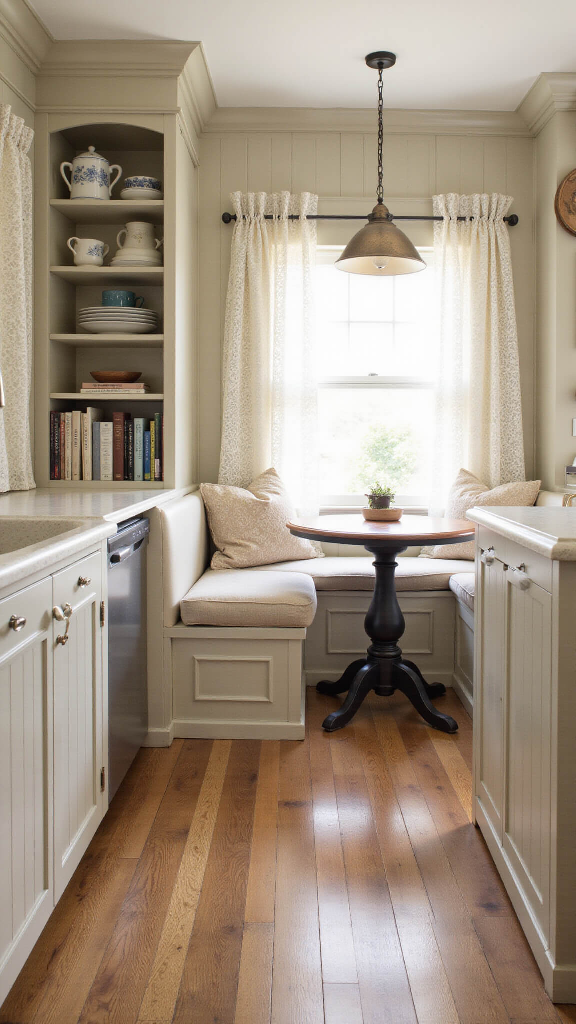 Cozy cottage kitchen with taupe beadboard cabinets, cream quartz countertops, copper farmhouse sink, and a sunlit breakfast nook with vintage décor and reclaimed wood floors.