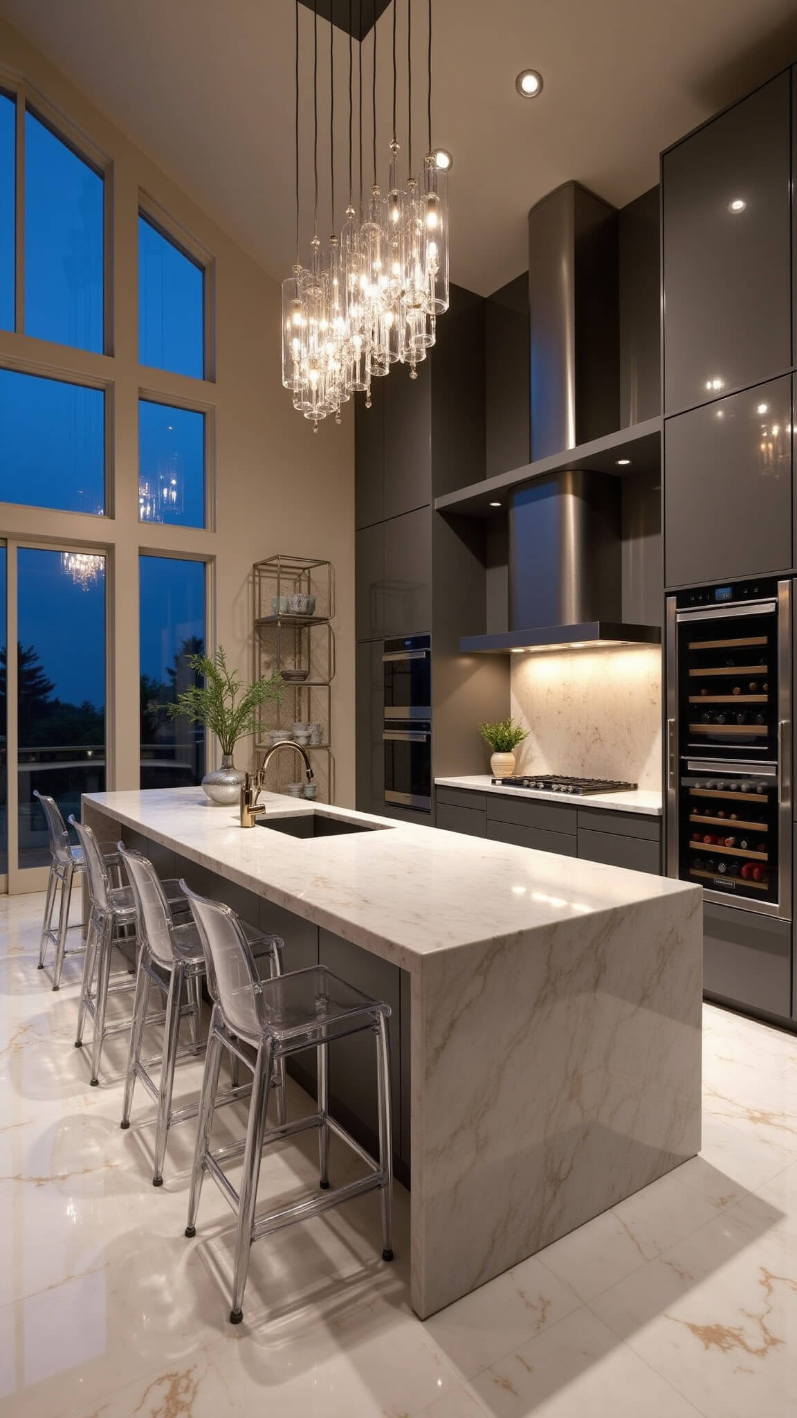 Luxurious open-concept kitchen with dark taupe high-gloss cabinets, large quartzite waterfall island, Lucite bar stools, built-in appliances, floor-to-ceiling windows, and marble chevron tile flooring under layered lighting.