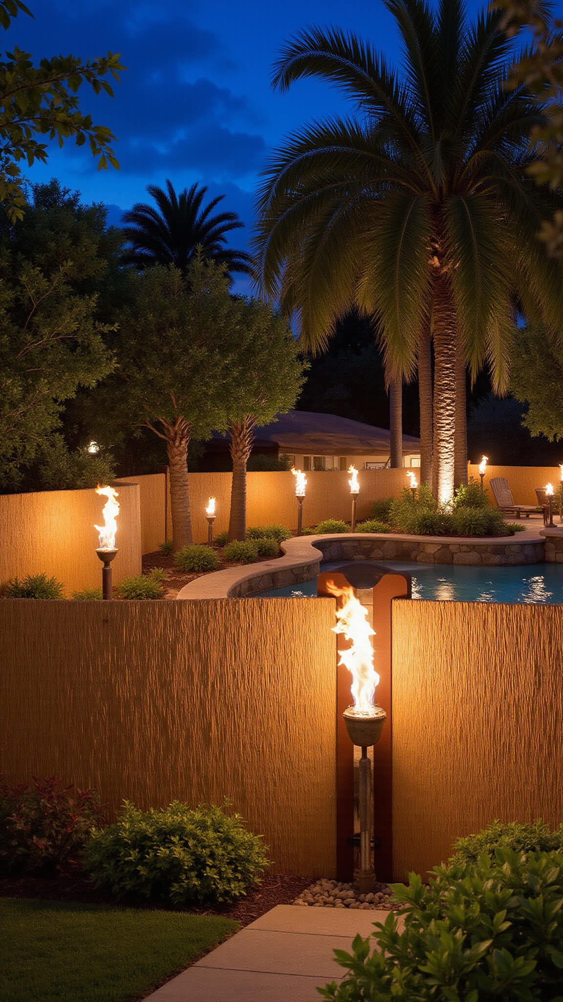 Dusk view of tropical villa pool area enclosed by 7ft bamboo fence with uplighting and tiki torches, framed by lush palms and foliage.