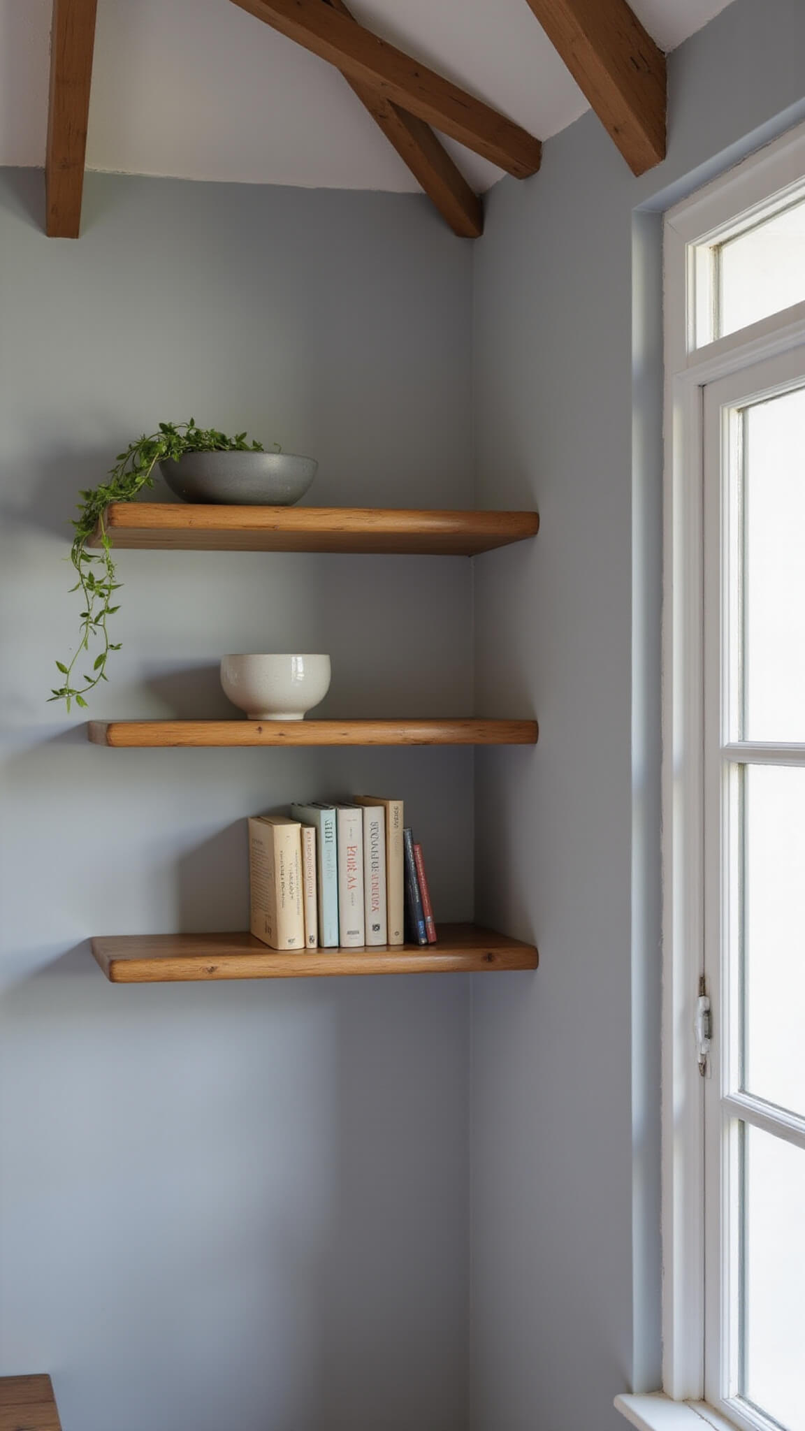 Cozy bedroom reading corner with three-tiered bamboo shelves displaying neutral-toned books, a concrete planter with trailing vine, and a ceramic bowl, set against warm gray walls and natural wood ceiling beams in soft daylight.