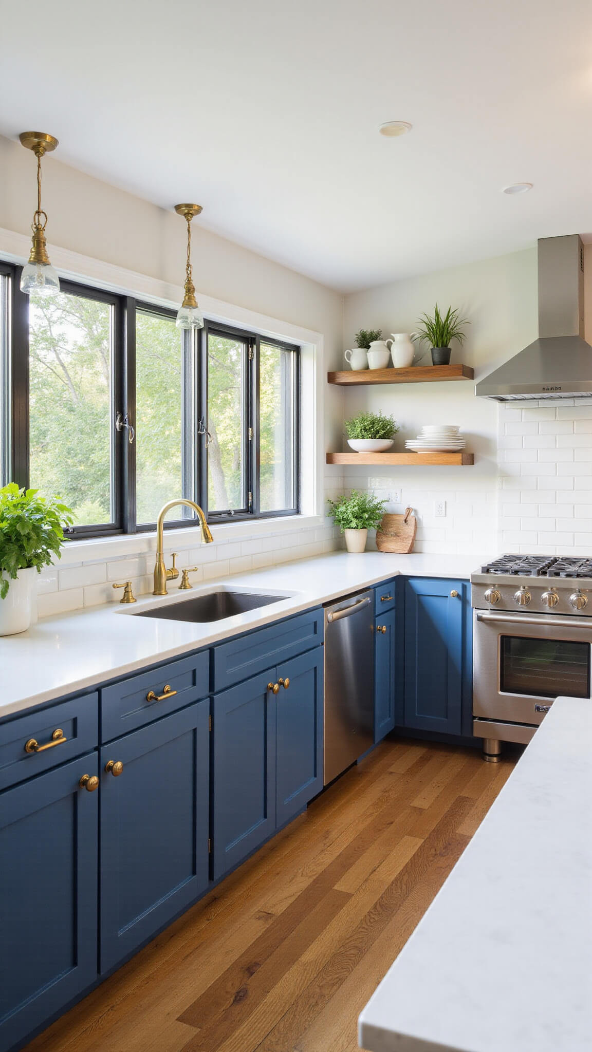 Spacious navy blue and white kitchen with island, brass accents, large windows, and natural morning light.