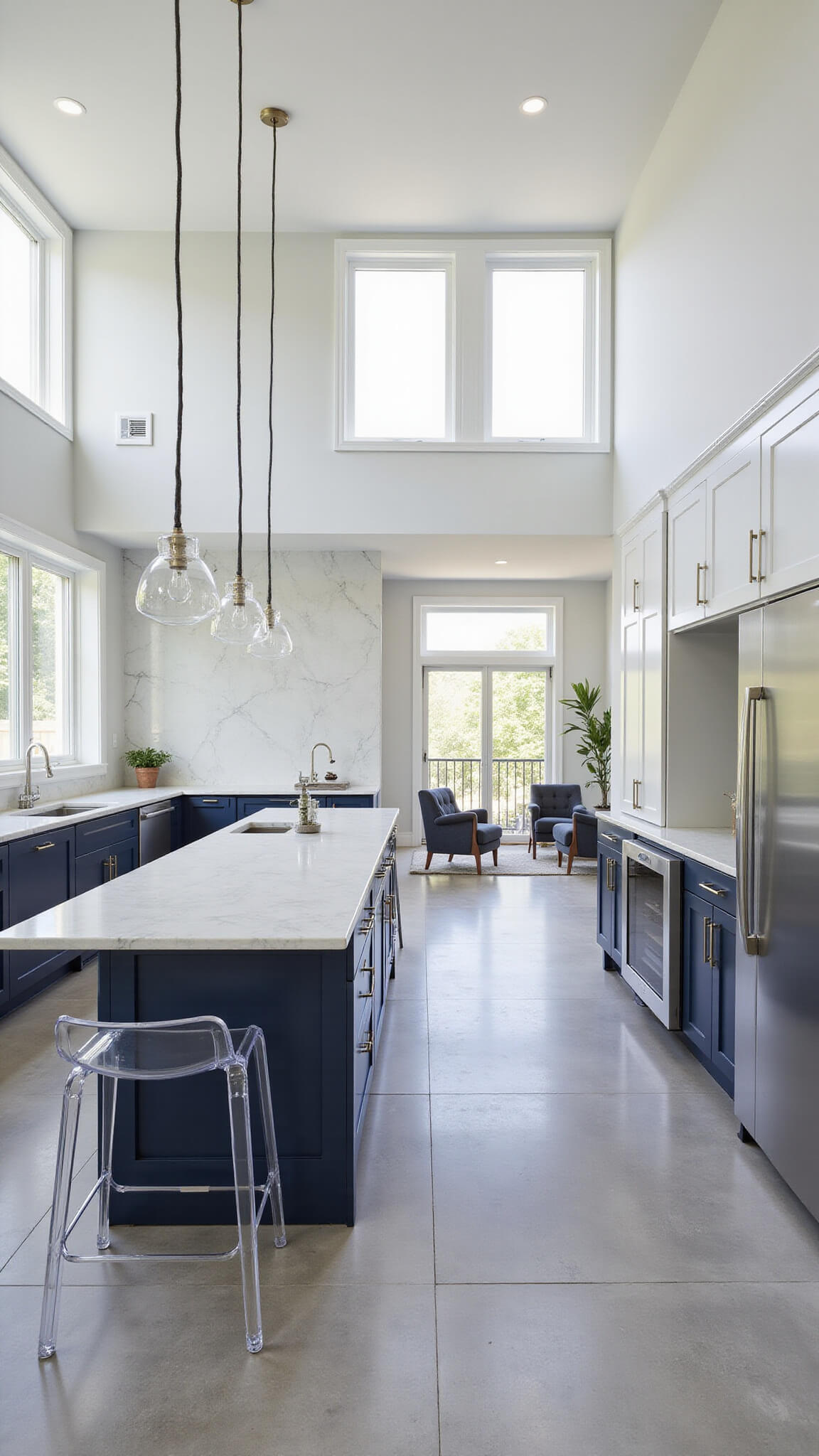 Contemporary open-concept kitchen with navy and white cabinetry, marble island, stainless steel appliances, and floor-to-ceiling windows flooding the space with midday light.